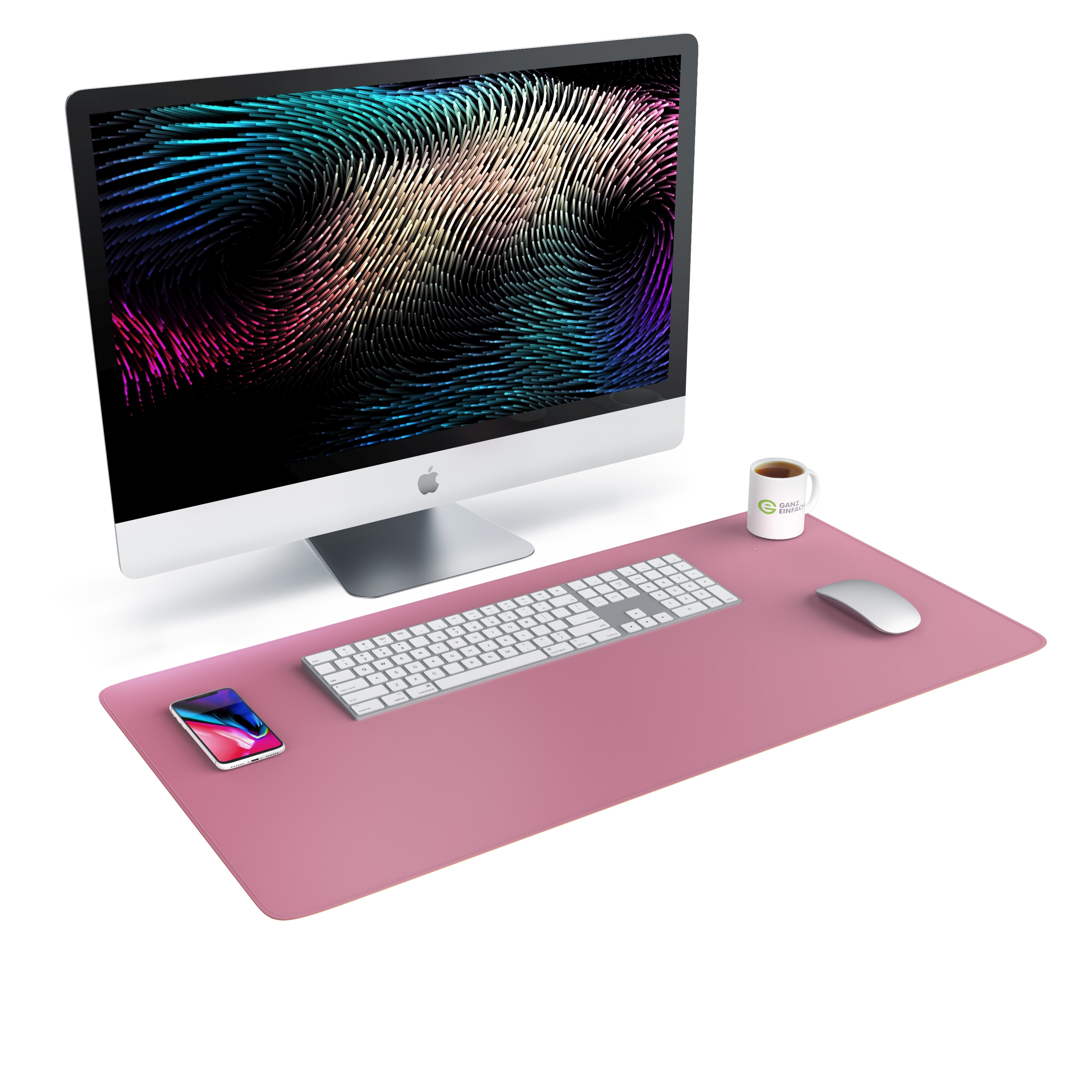 Rosa Schreibtischunterlage mit Computer, Tastatur, Maus und Telefon. Kaffeetasse auf der Matte.