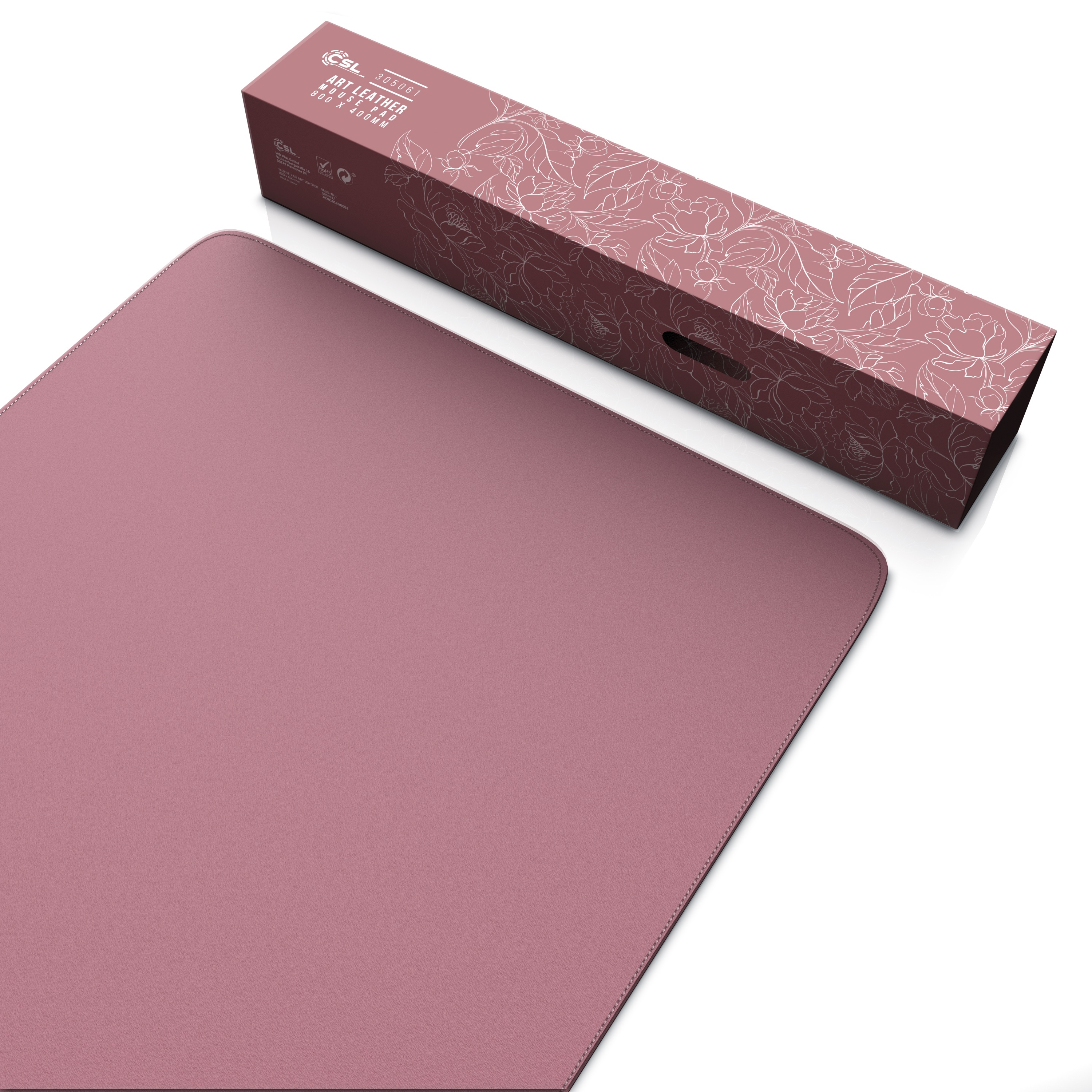 Rosafarbenes Mousepad mit einer Box. Die Box hat ein Blumendesign.