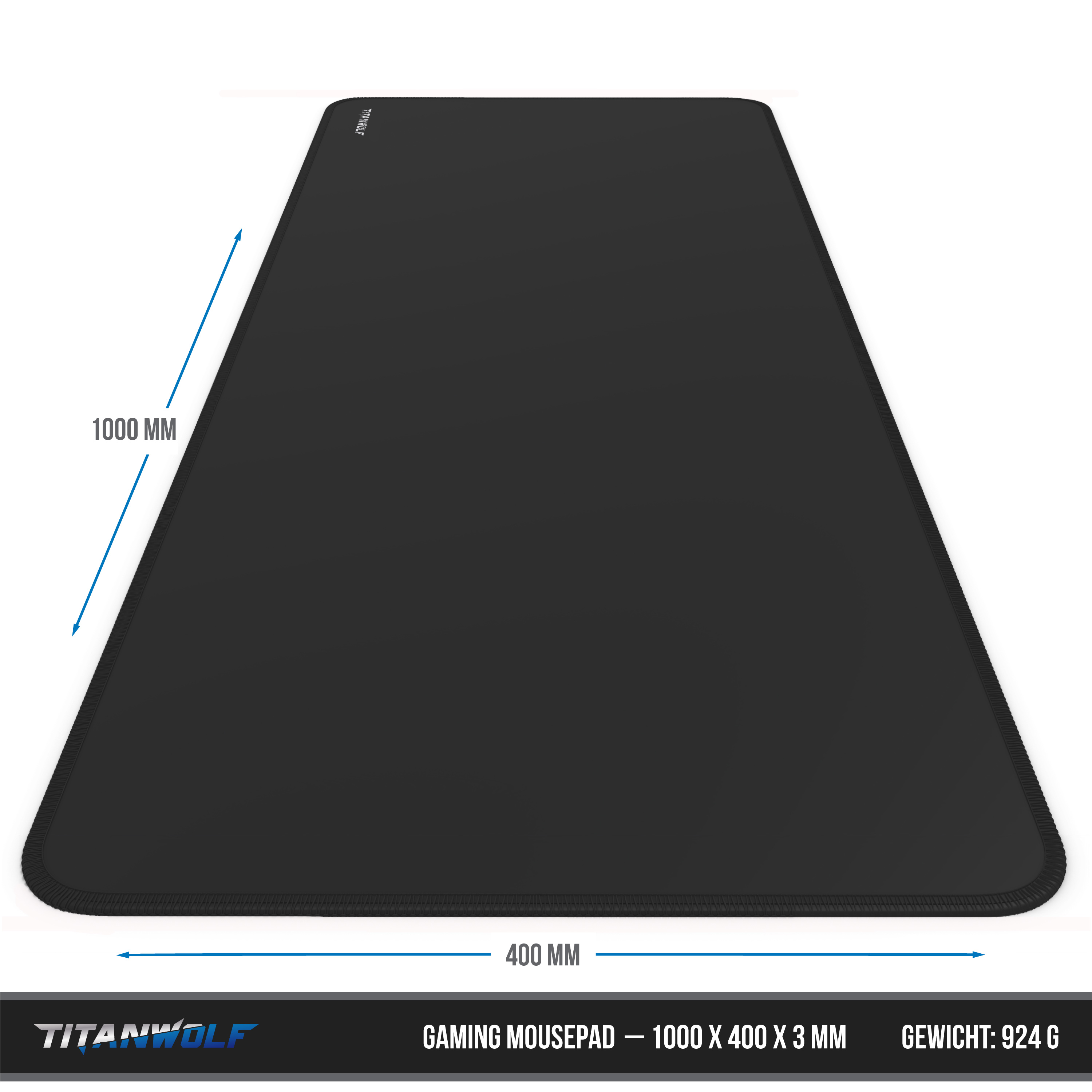 Schwarzes rechteckiges Gaming-Mauspad. Abmessungen: 1000 mm x 400 mm, Dicke 3 mm.