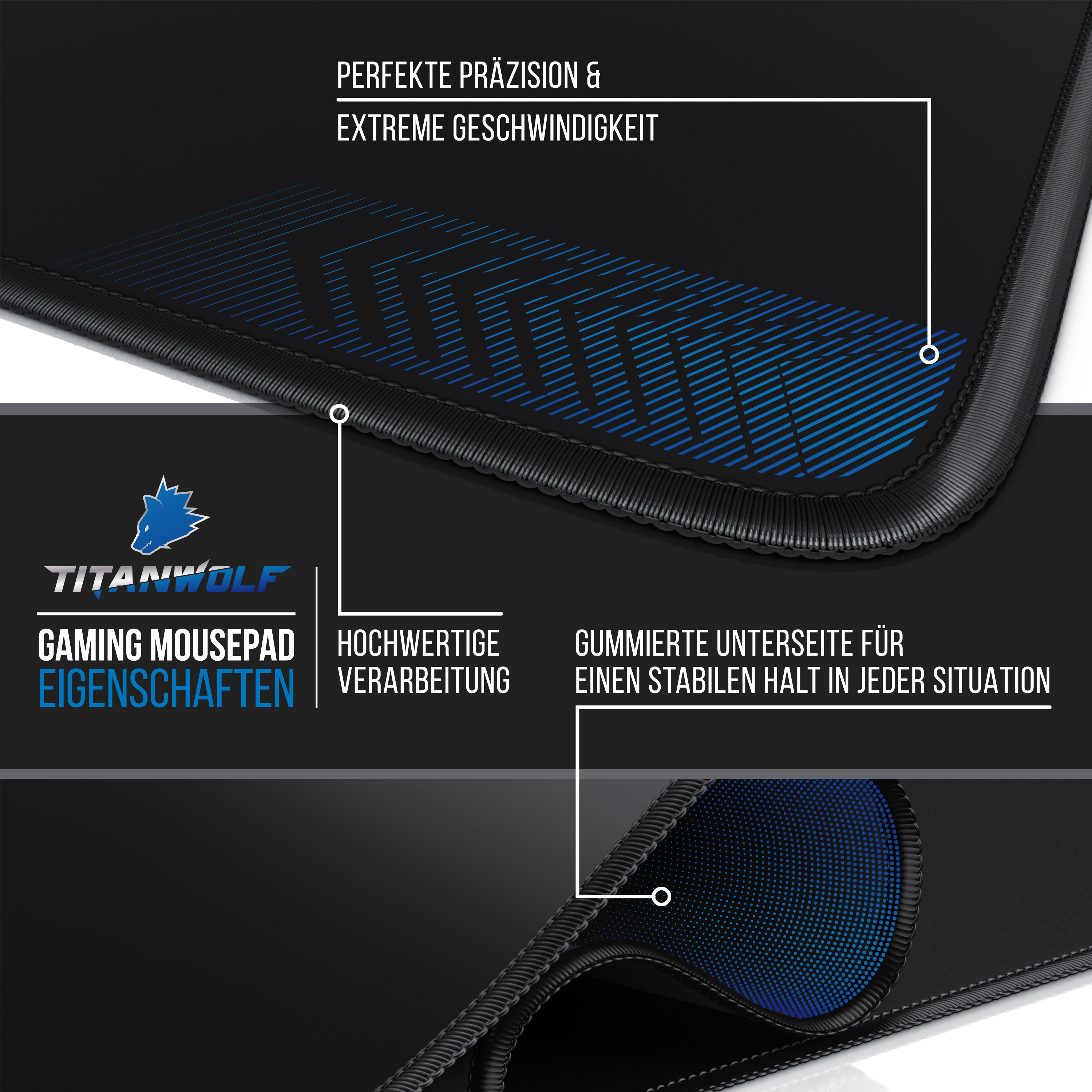 Schwarzes und blaues Gaming-Mauspad mit Text und Designelementen.