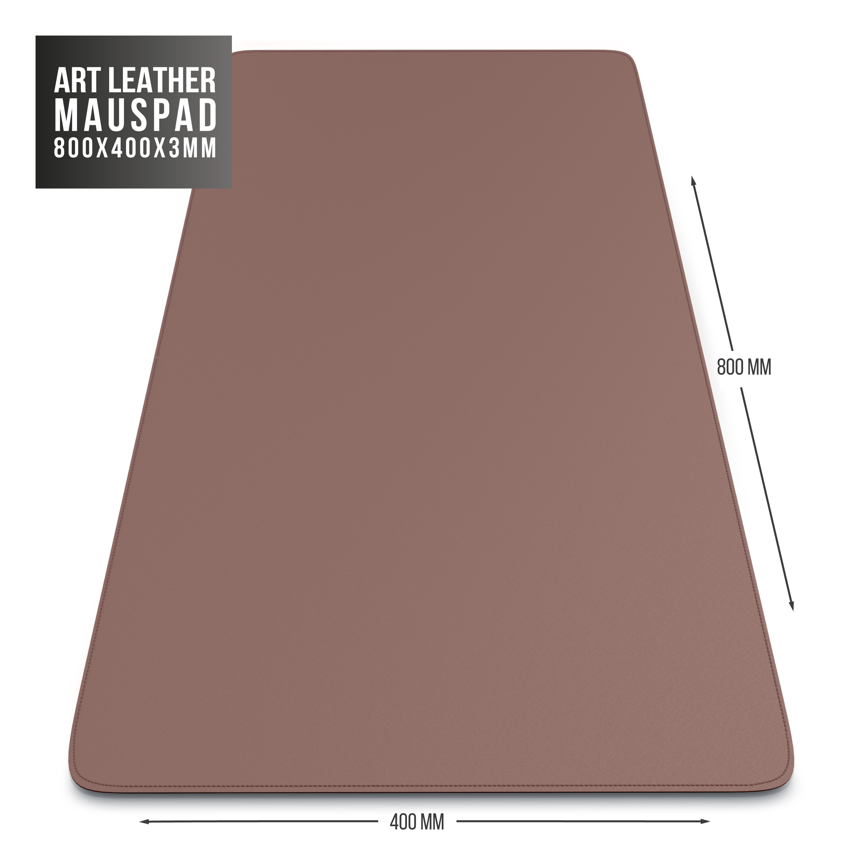 Braunes Leder-Mauspad. Abmessungen: 800x400x3mm. Gerade Kanten und hellbraune Farbe.