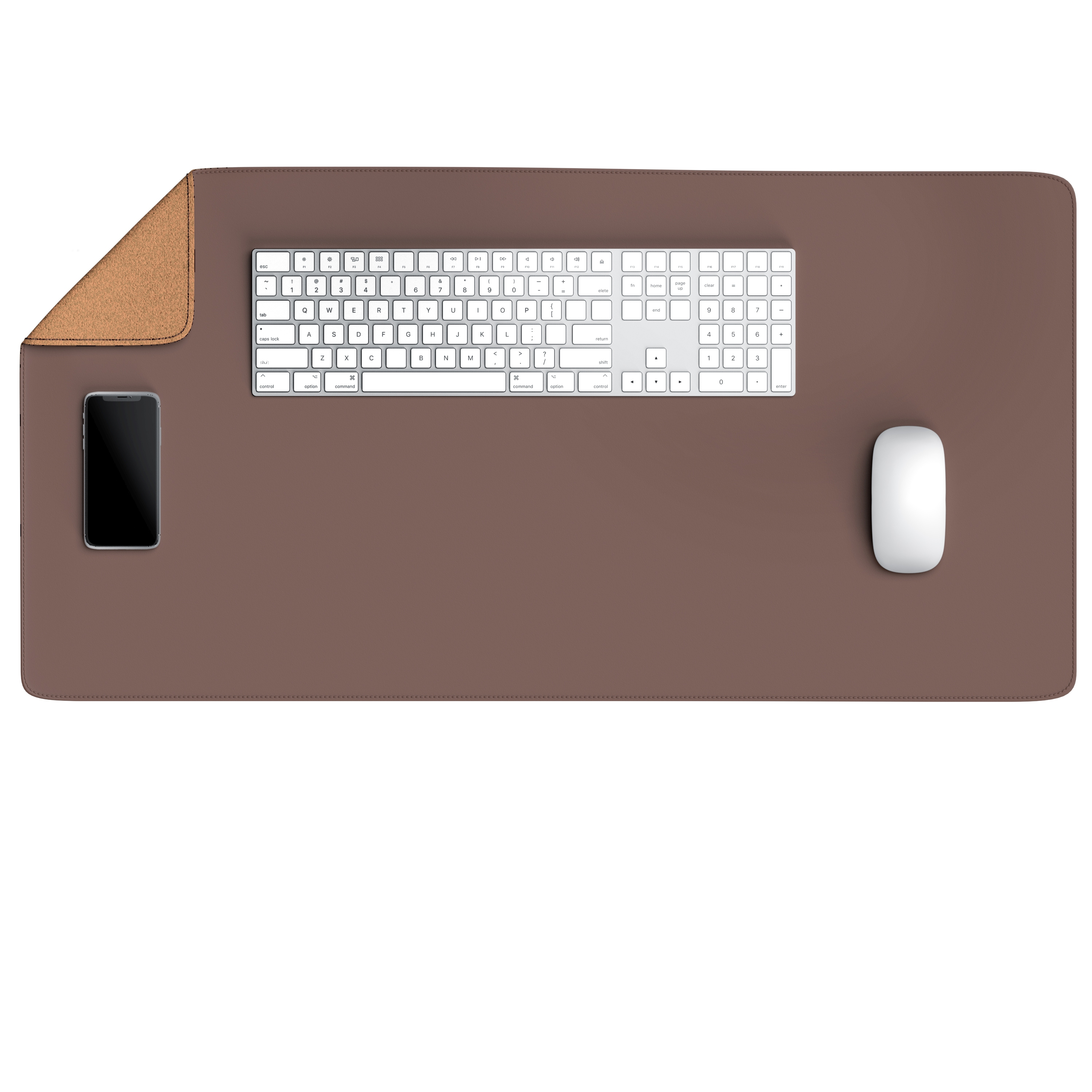 Schreibtisch mit Tastatur, Maus, Telefon und einem Korkbereich.