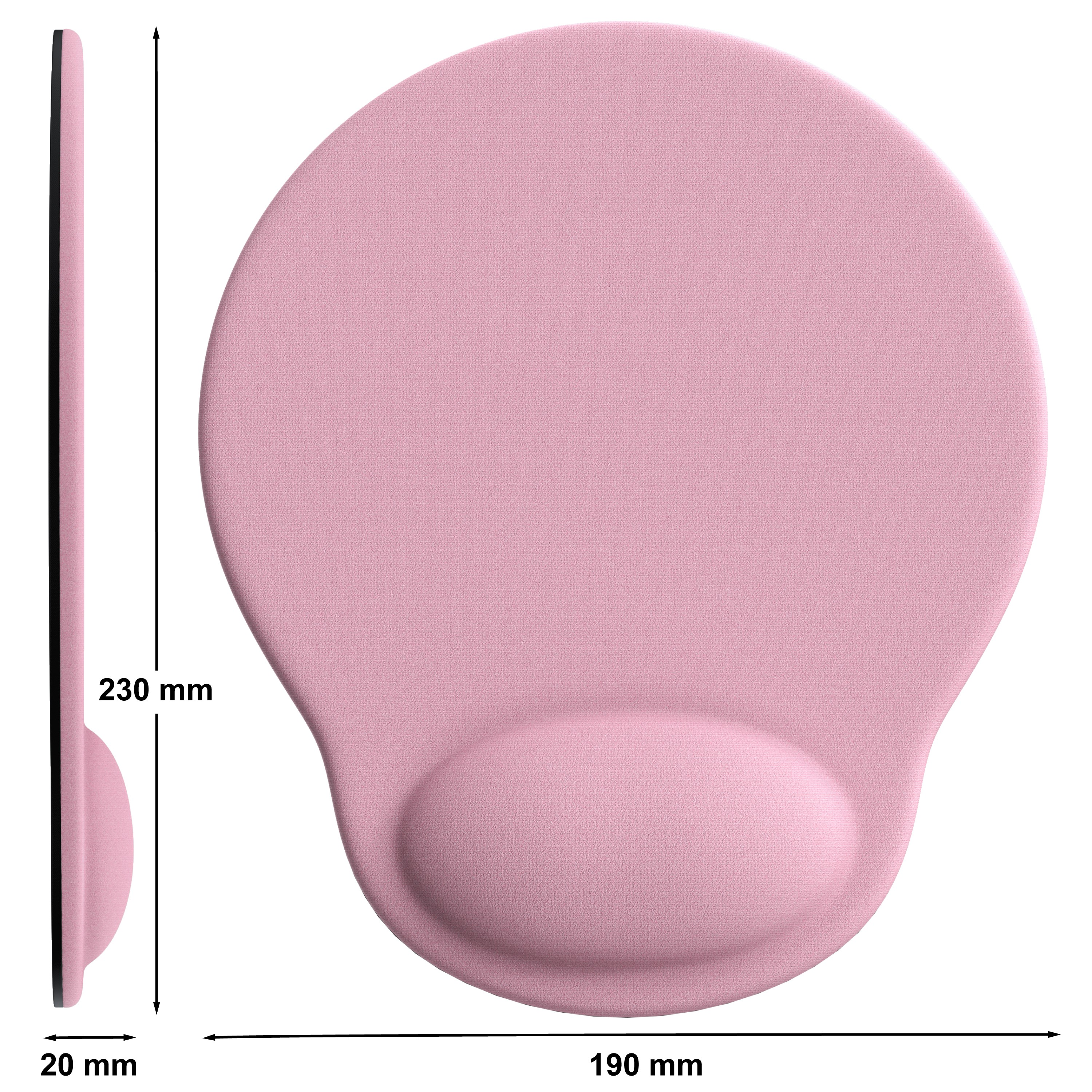 Rosa ergonomisches Mauspad mit Handgelenkauflage. Abmessungen: 190mm x 230mm x 20mm.