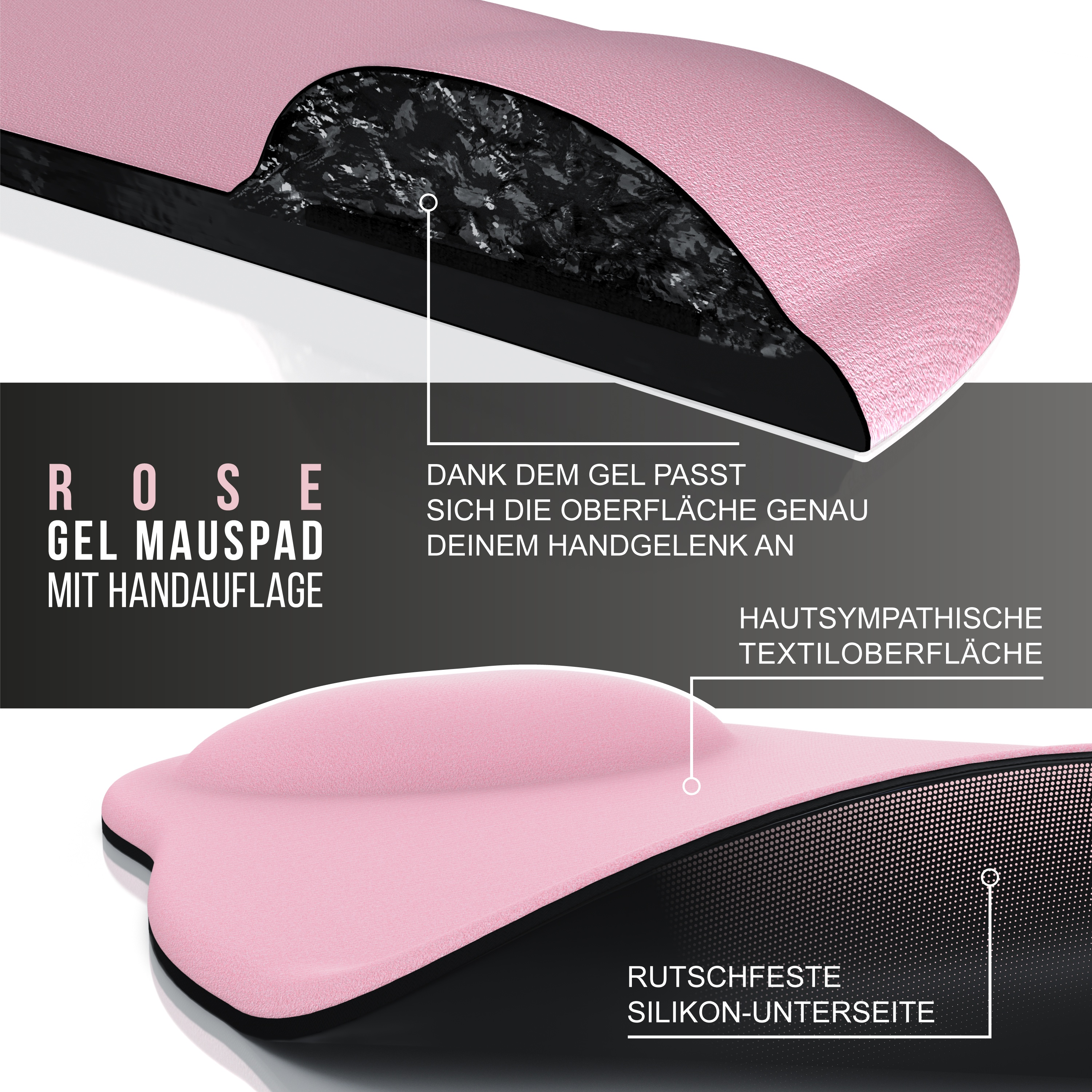 Rosa Gel-Mauspad mit Handballenauflage, zeigt das Gel und die Silikonunterseite.
