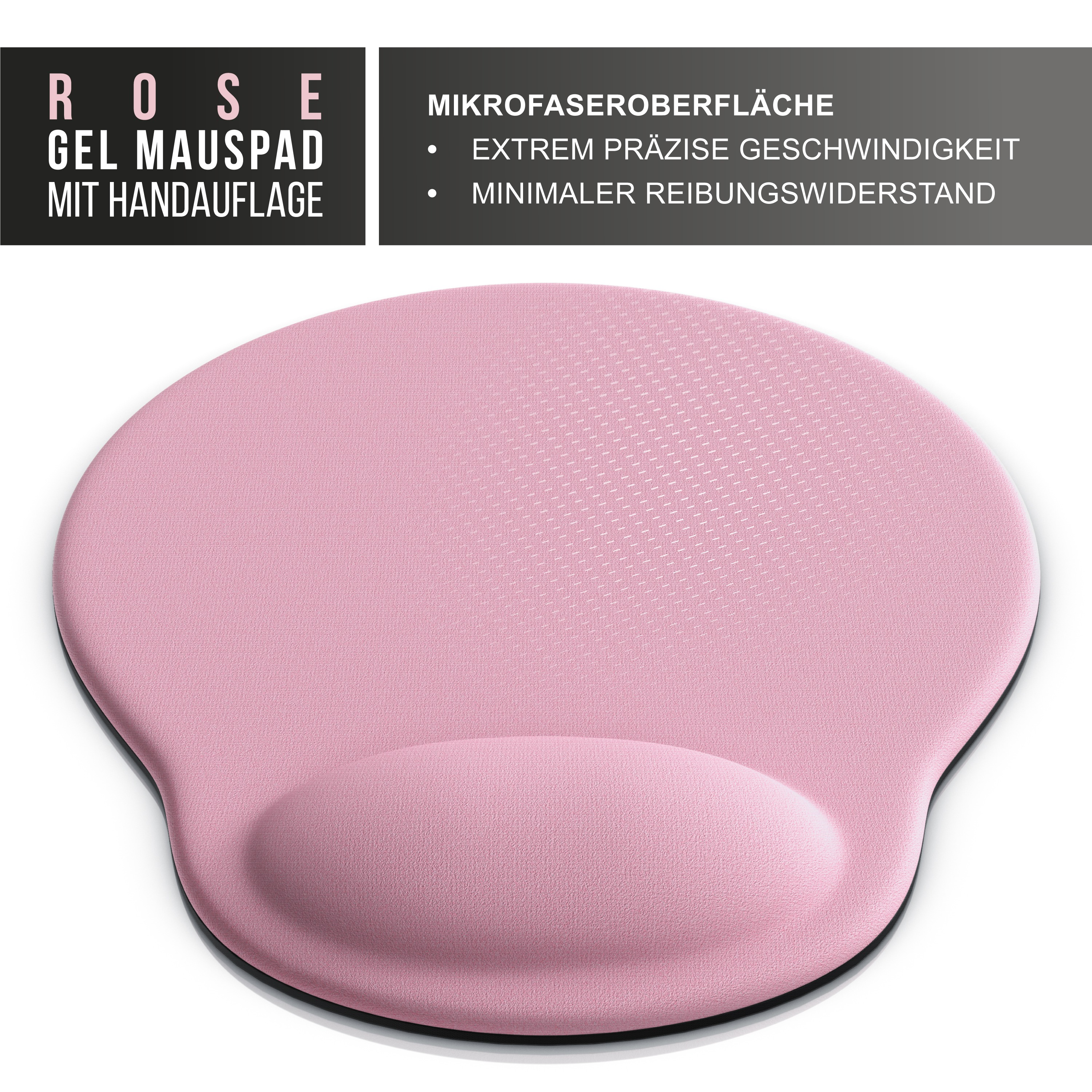 Rosa Gel-Mauspad mit Handgelenkauflage und Textbeschriftungen auf der linken Seite des Bildes.