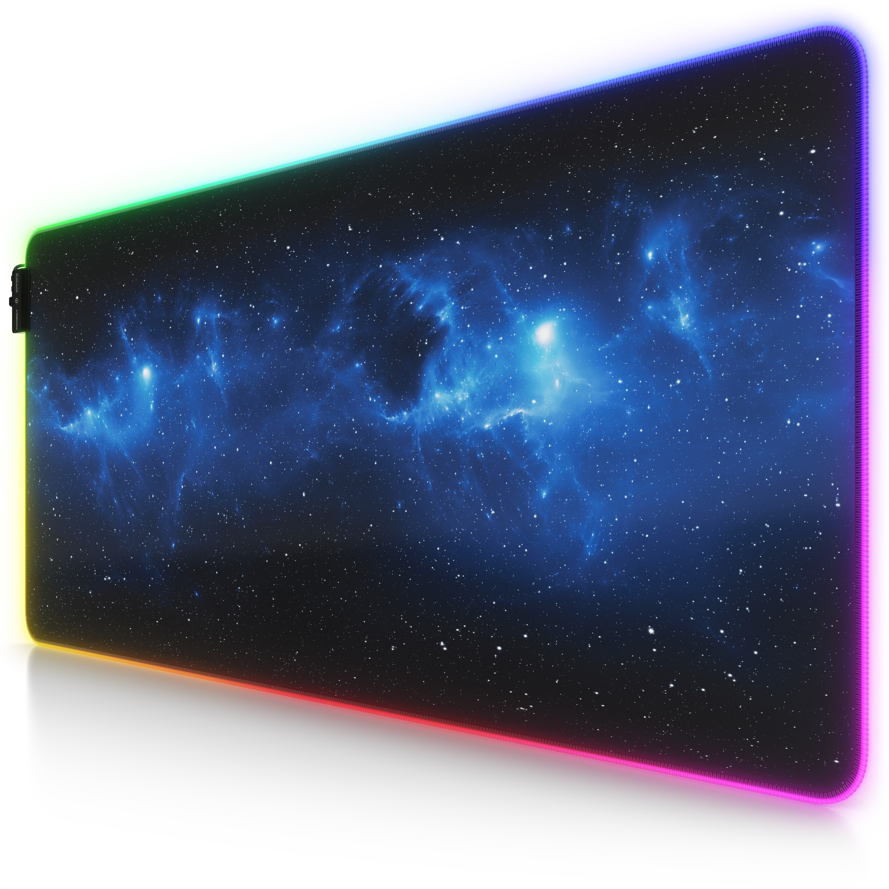 Ein großes rechteckiges Mousepad mit Galaxiedesign und farbigen LED-Kanten.