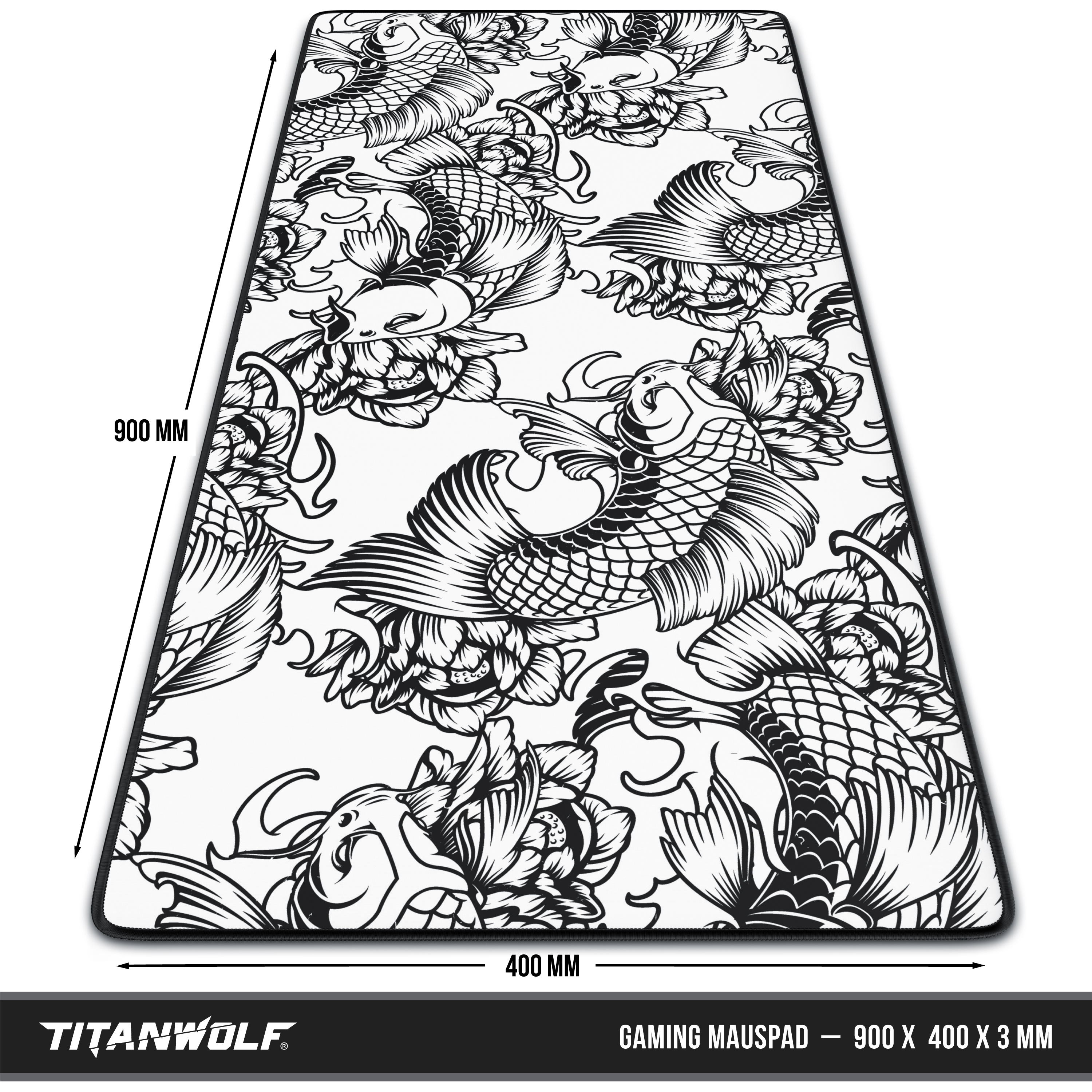 Schwarz-weiß-Mauspad mit Koi-Fisch- und Blumendesign. Abmessungen: 900x400x3mm.