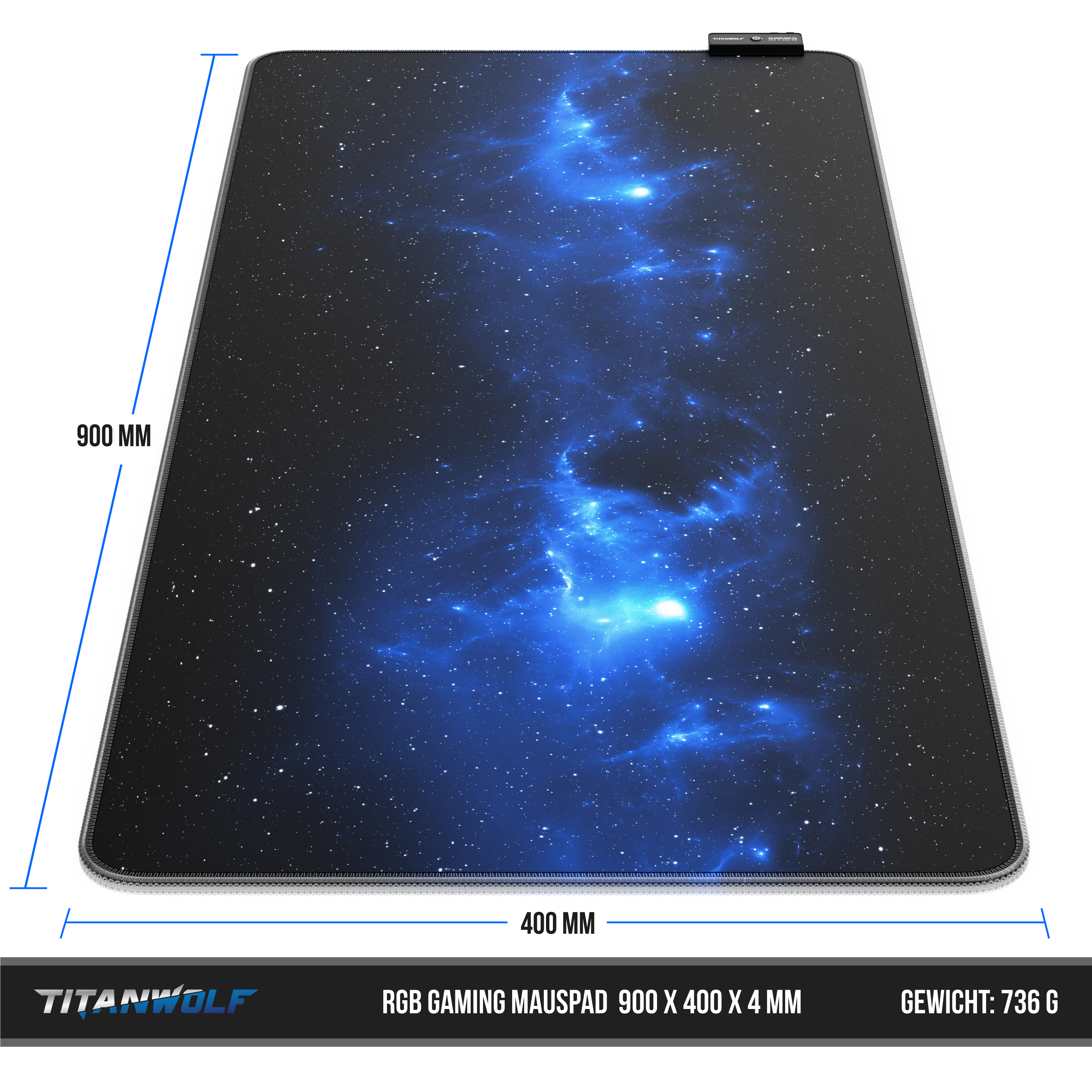 Ein Gaming-Mauspad mit blauem Sternenhimmel-Design. Abmessungen und Logo werden angezeigt.