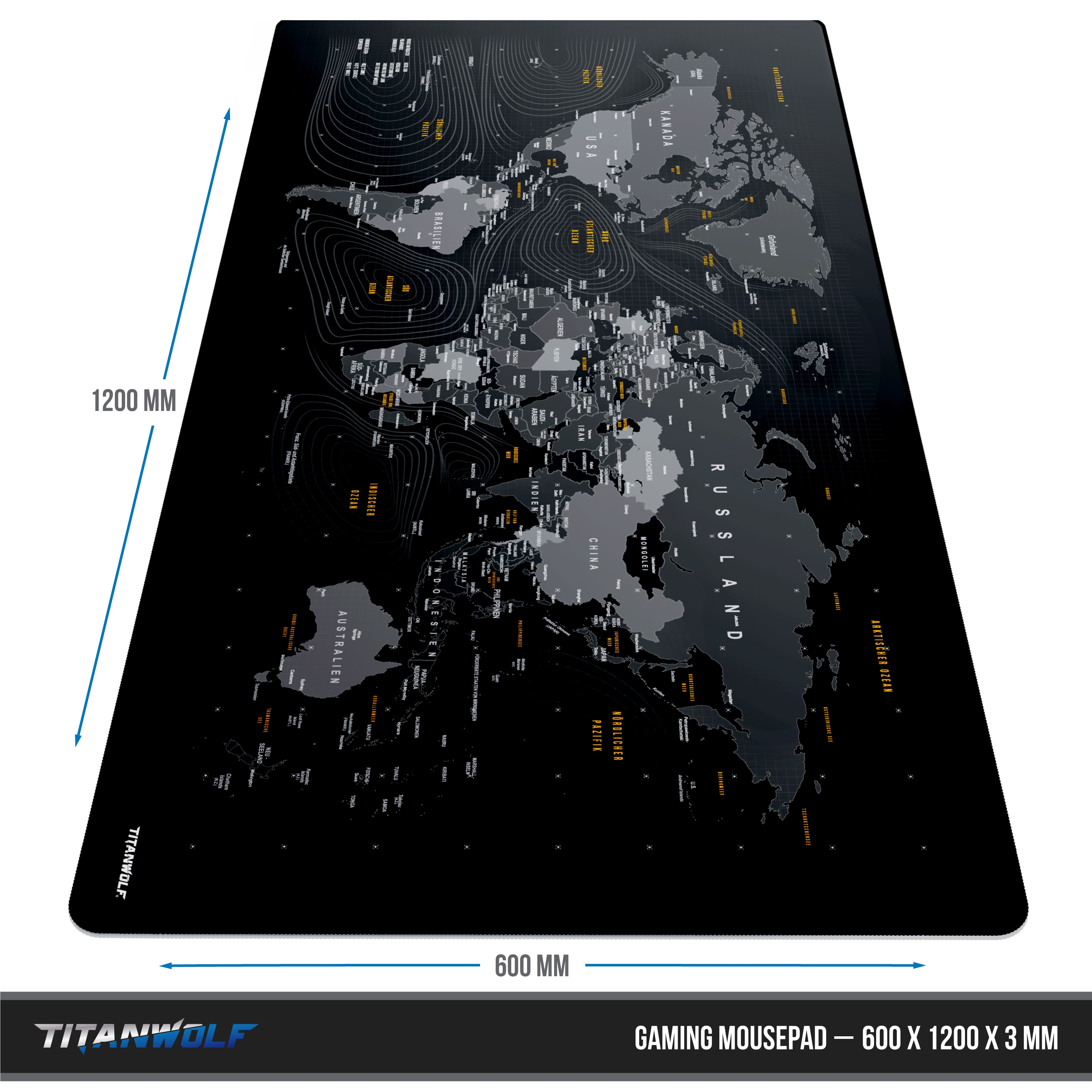 Schwarzes Gaming-Mauspad mit Weltkarten-Design, Abmessungen 600x1200x3 mm, mit Länderumrissen.