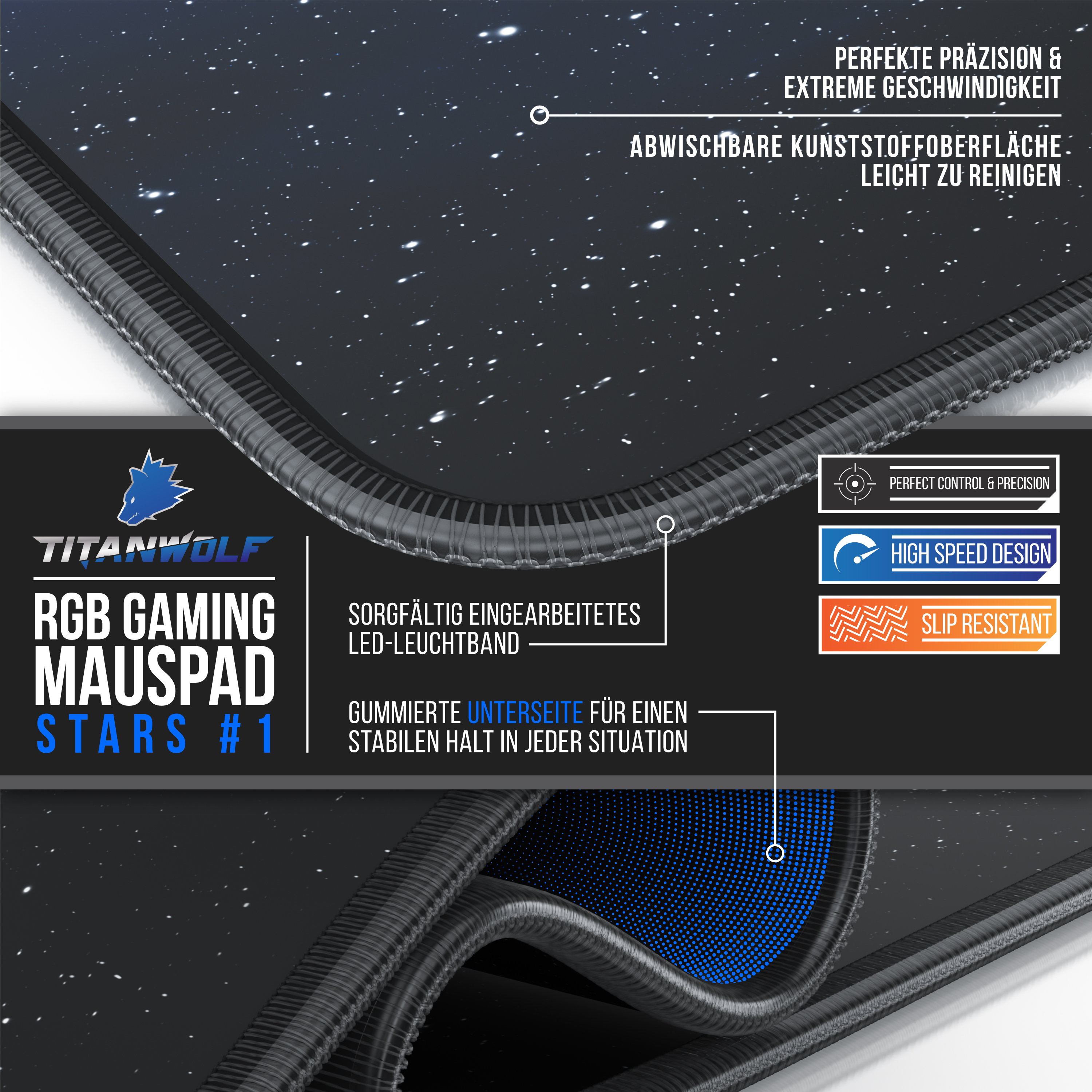 Gaming-Mauspad mit Text und Sternenmuster, mit Produktdetails.