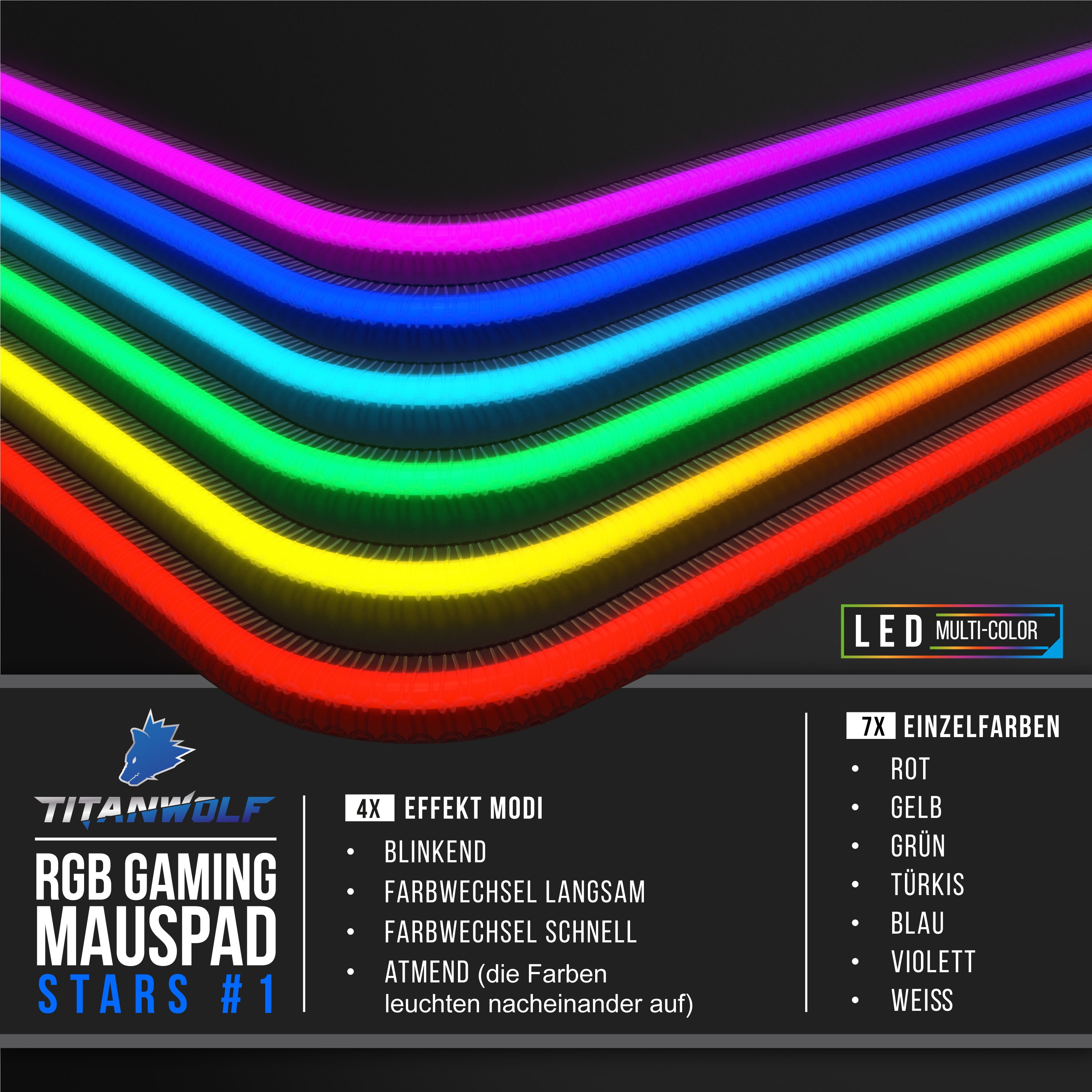 RGB Gaming-Mauspad mit farbigen LED-Leuchten. Funktionen umfassen mehrere Farboptionen und Modi.