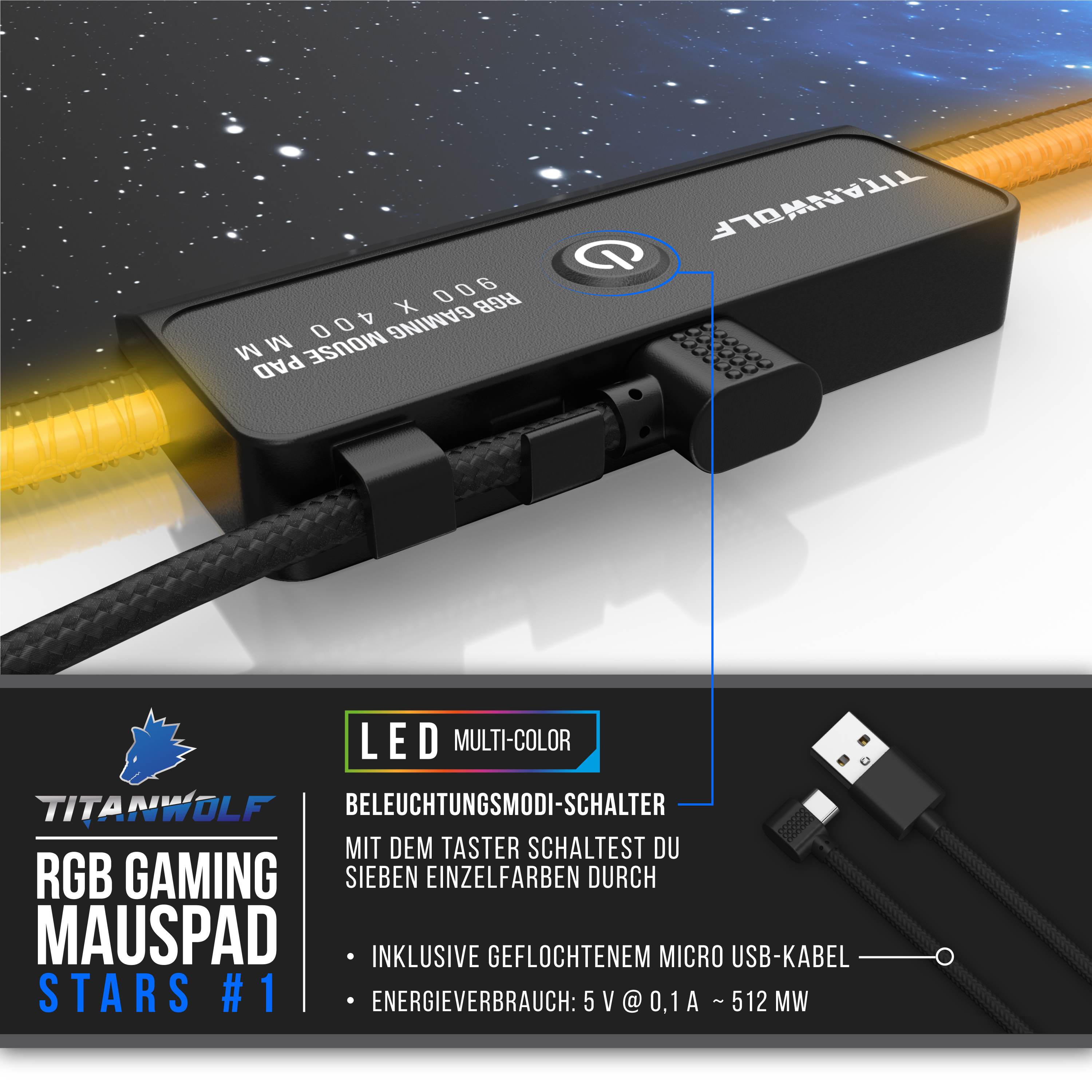 Schwarzes Gaming-Mauspad mit LED-Leuchten, Kabel und USB-Anschluss. Weißer Hintergrund.