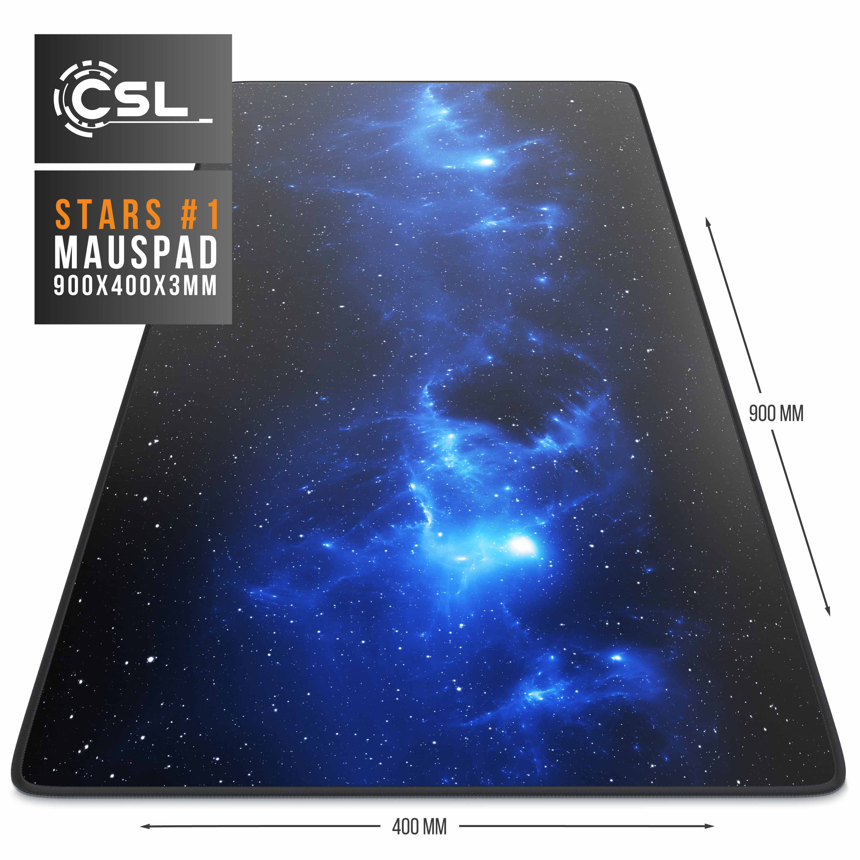 Schwarzes Mauspad mit Weltraumthema. Das Bild zeigt eine blaue Galaxie mit weißen Sternen und Maßen in mm.