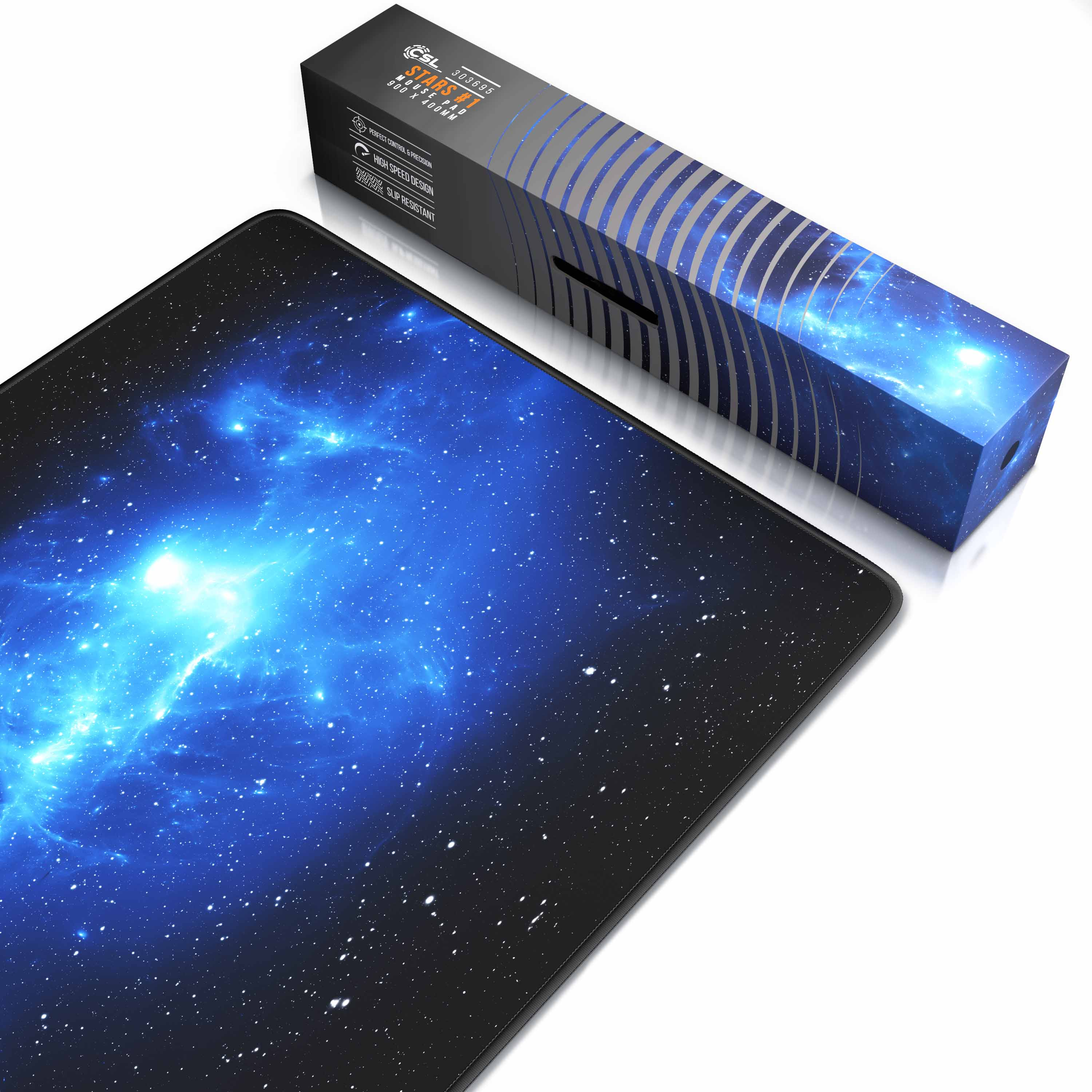 Gaming-Mauspad mit Weltraumdesign. Mauspad und Box befinden sich auf weißem Untergrund.