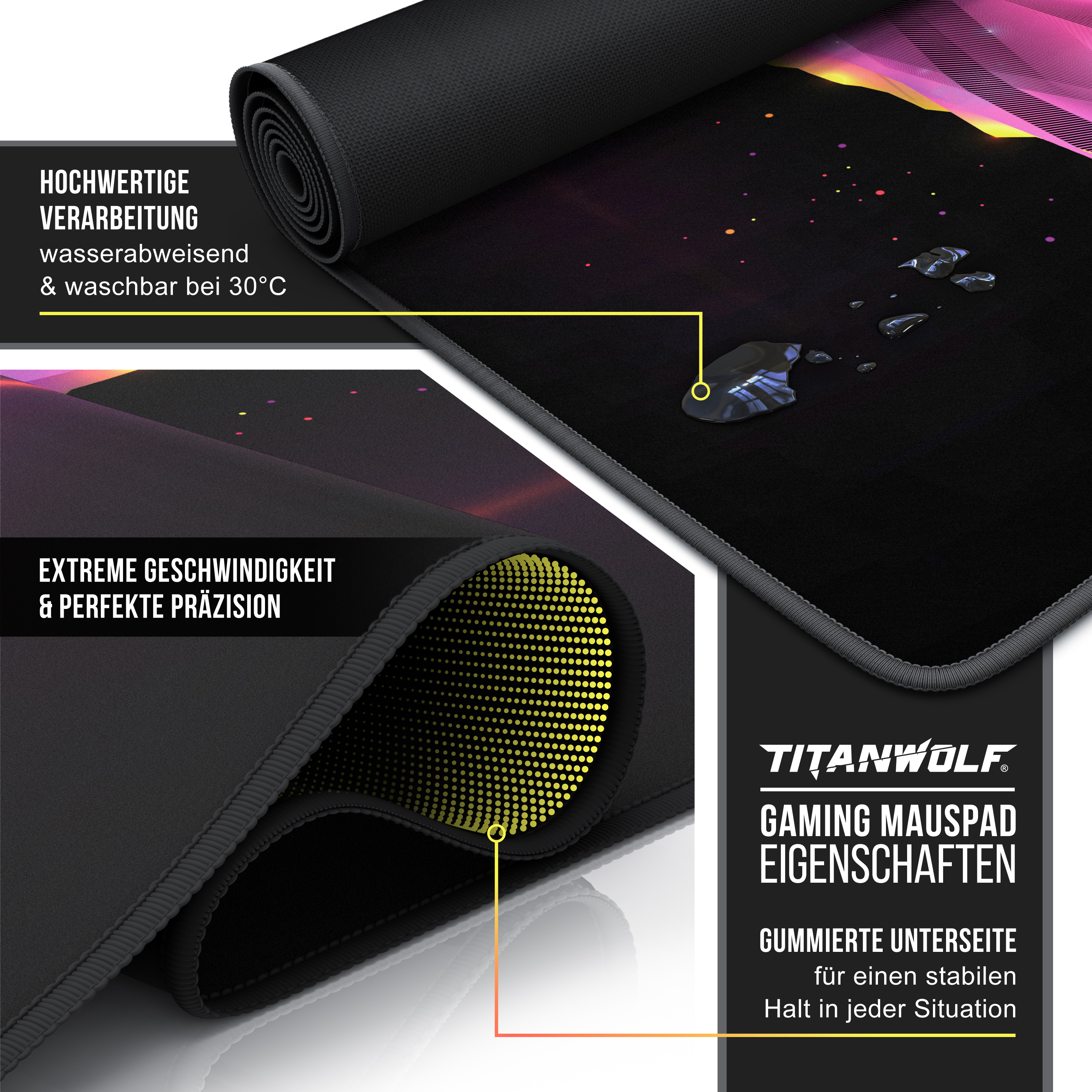 Gaming-Mauspad-Detail mit Wassertropfen, gerollt, strukturierte Unterseite. Text: Extreme Geschwindigkeit & perfekte Präzision.