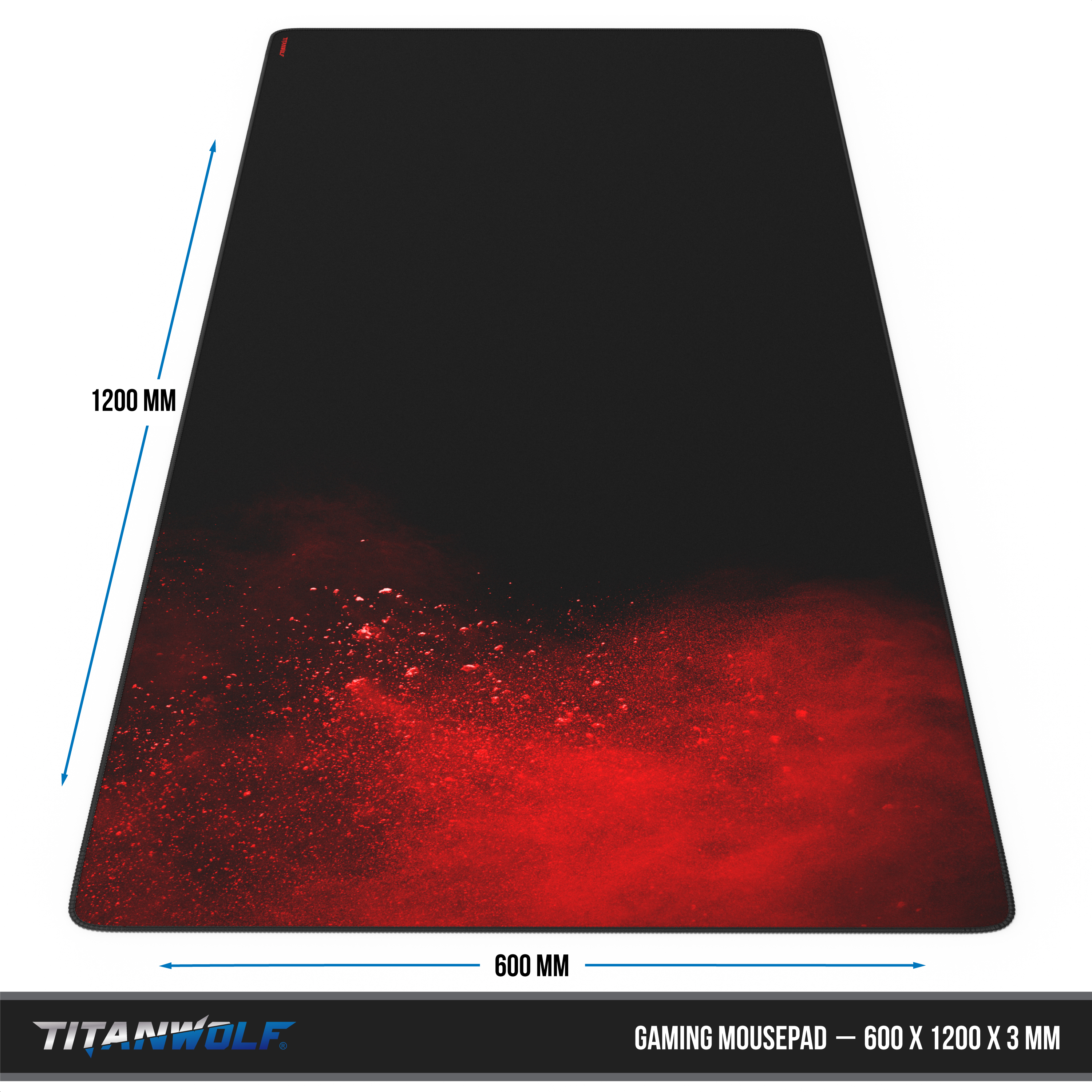 Schwarzes und rotes Gaming-Mauspad mit den Abmessungen 600 x 1200 mm.