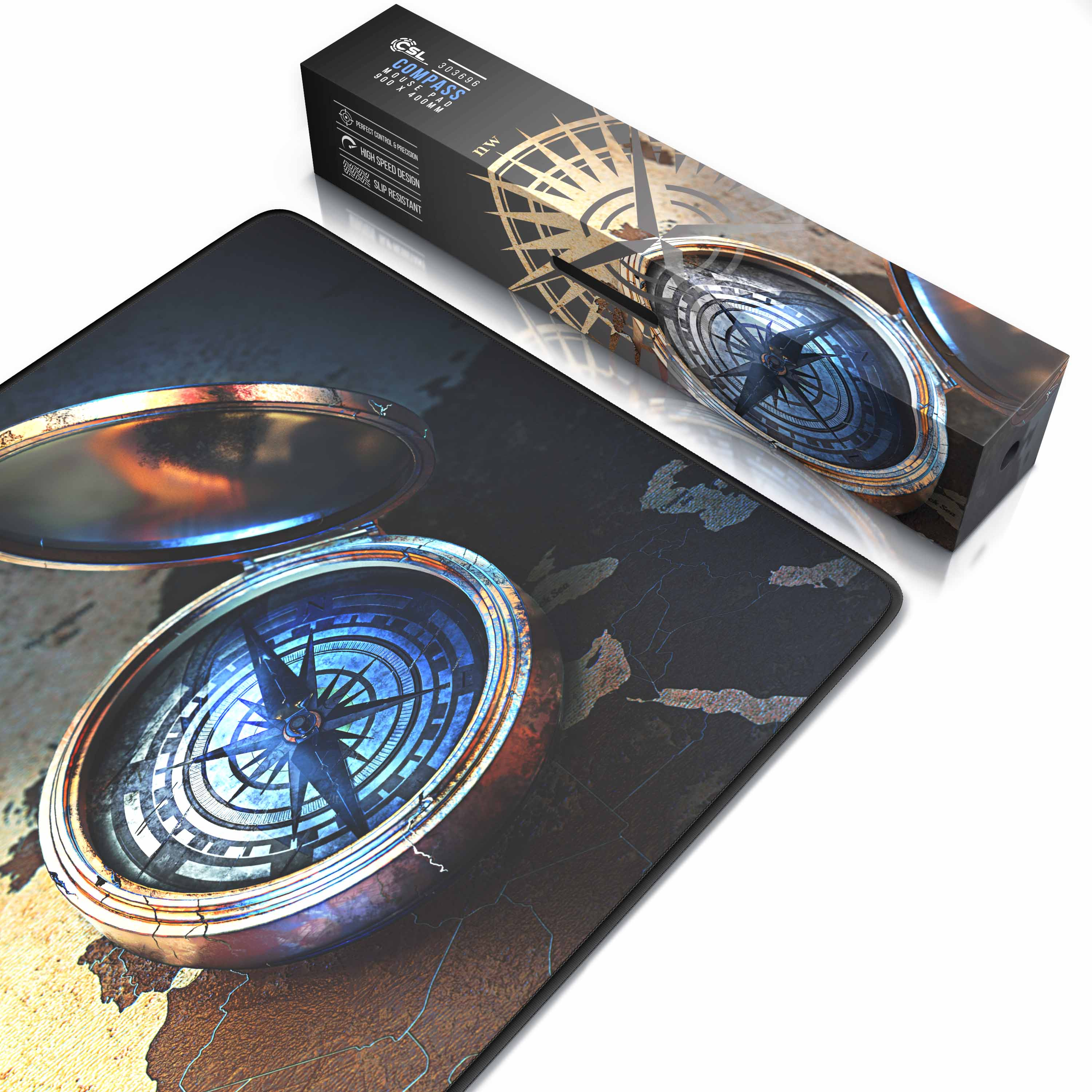 Ein Mauspad mit Kompass-Design und einer Box. Der Kompass ist detailliert und blau.