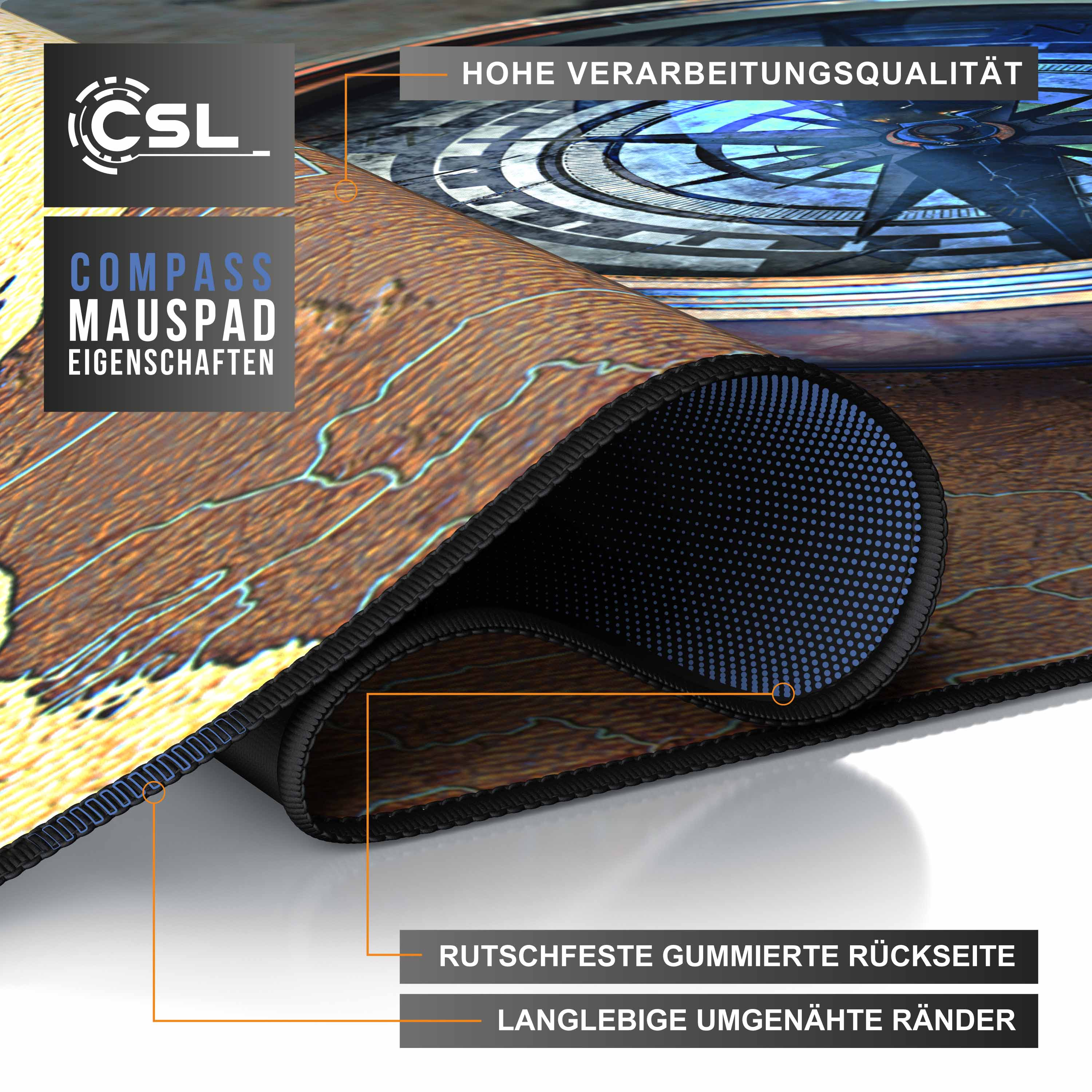 Nahaufnahme eines Kompass-Mauspads mit Kartenmuster und Kompassrose. Schwarze Einfassung und Text.