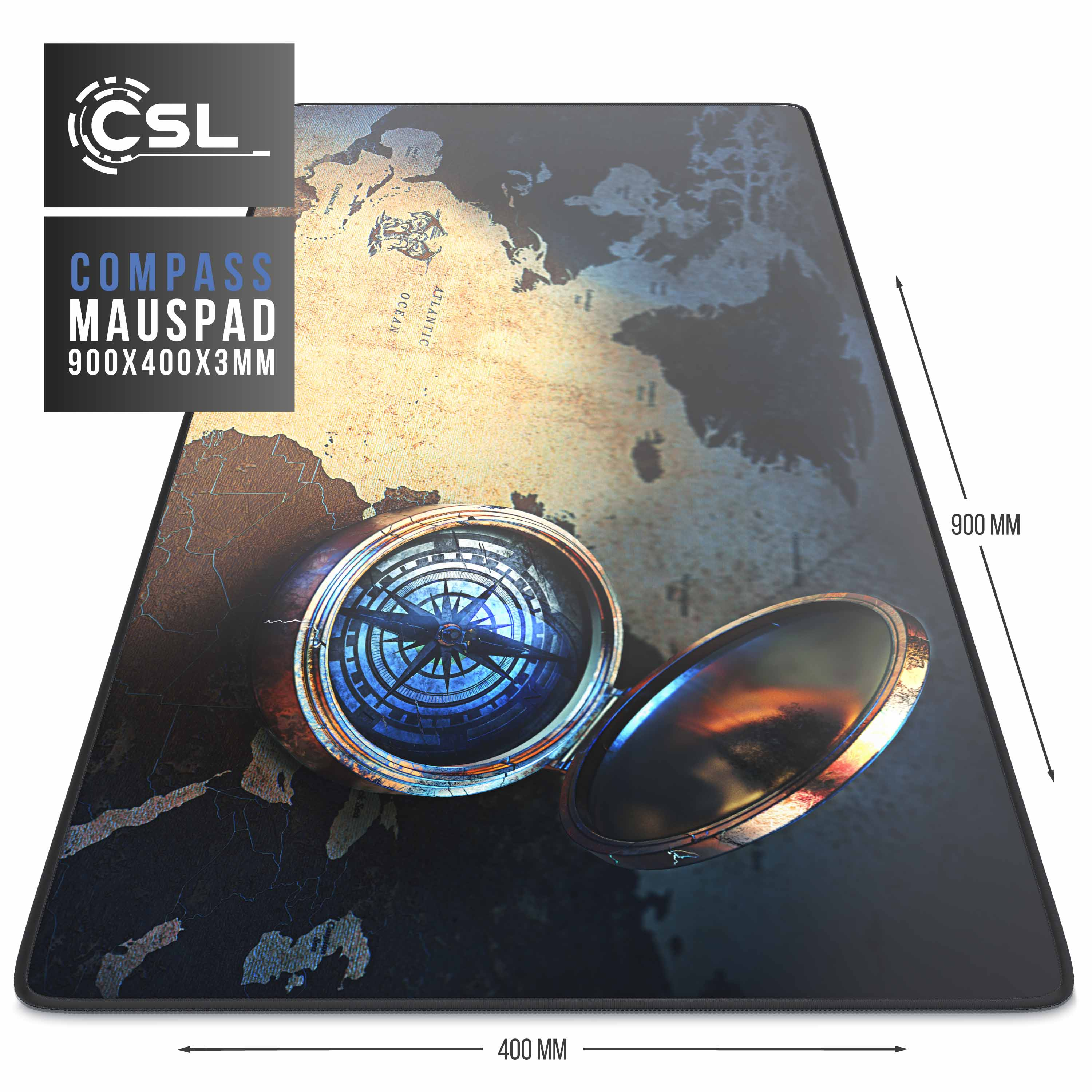 Ein Gaming-Mauspad mit Weltkarte und Kompass-Design.