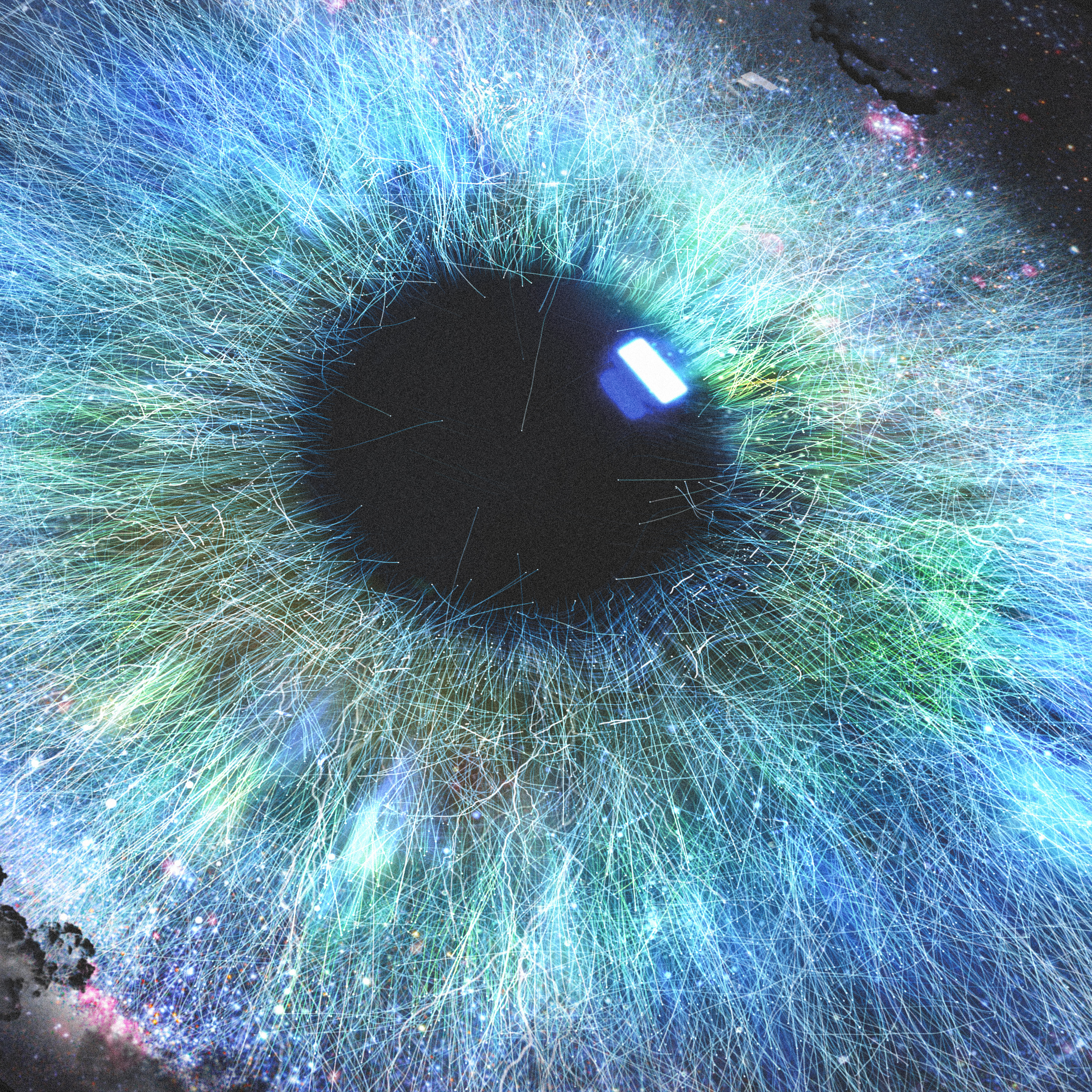Nahaufnahme eines Auges. Die Iris ist blau mit sternförmigem Hintergrund. Ein helles Licht wird reflektiert.