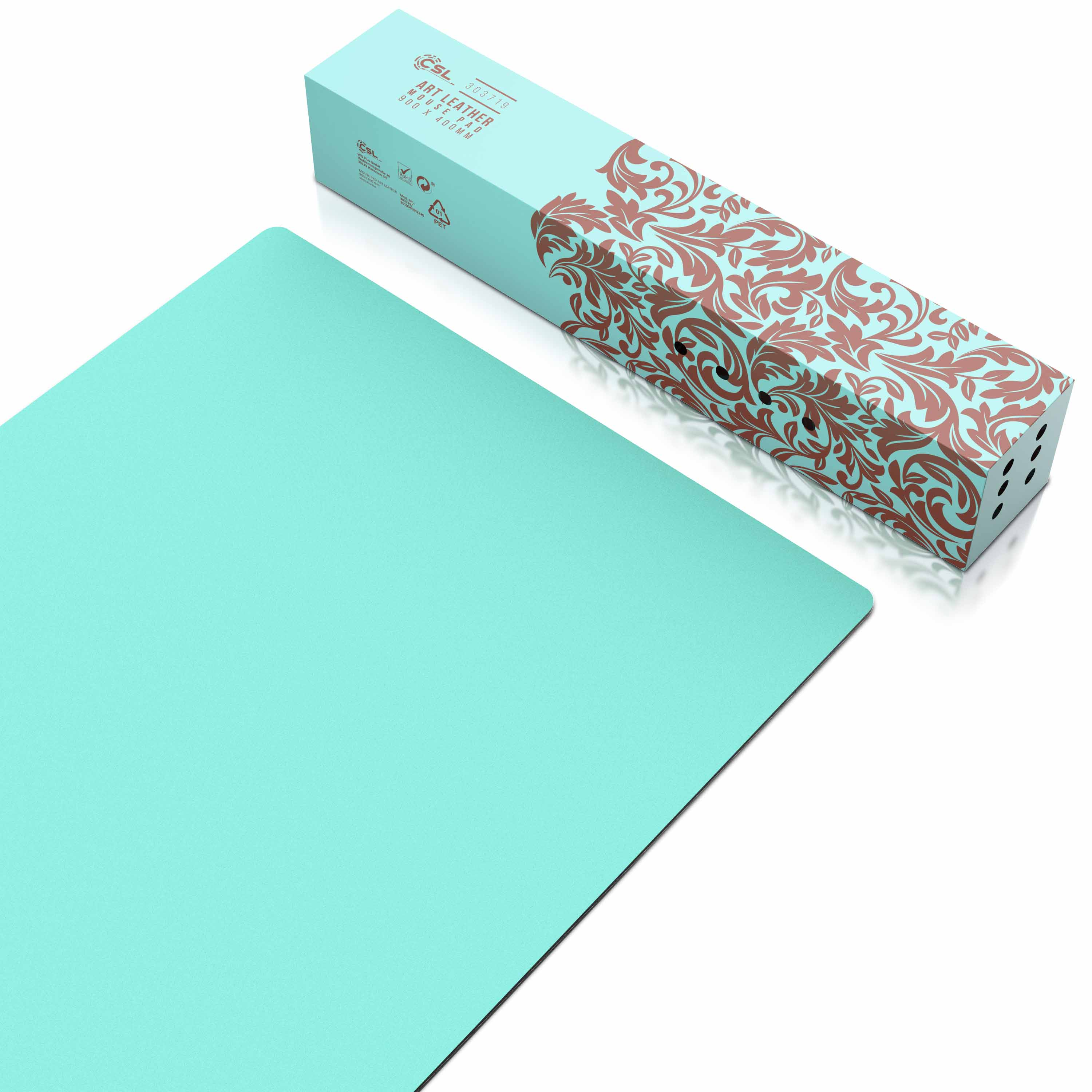Ein türkisfarbenes Kunstlederpad neben einer Schachtel mit braunem Blumendesign.