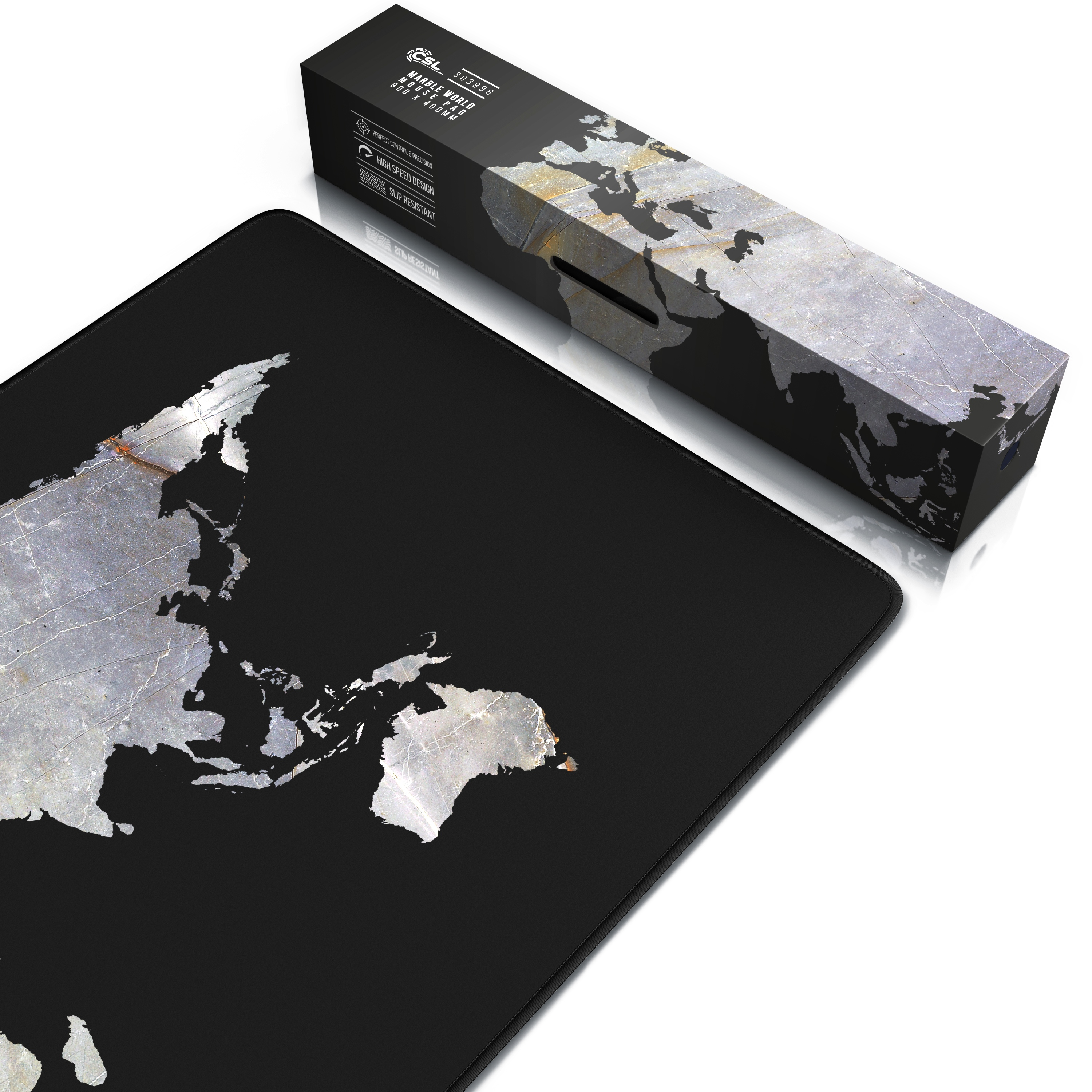 Schwarzes Gaming-Mauspad mit Kartenmotiv und einer Box darauf. Schwarz-Weiß-Töne.