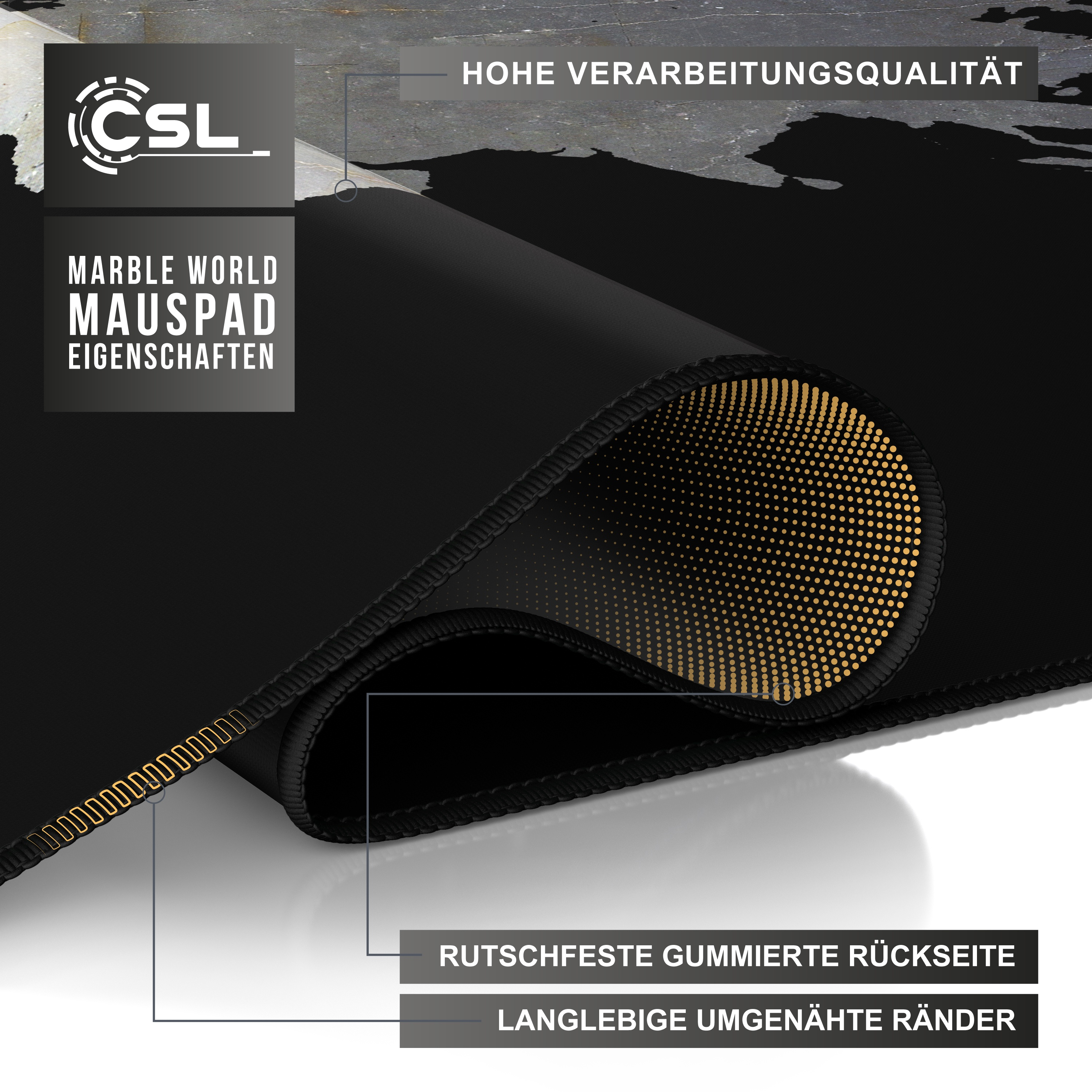 Mauspad mit Weltkarten-Design. Text: 'Marble World Mauspad Eigenschaften' und 'rutschfeste'.