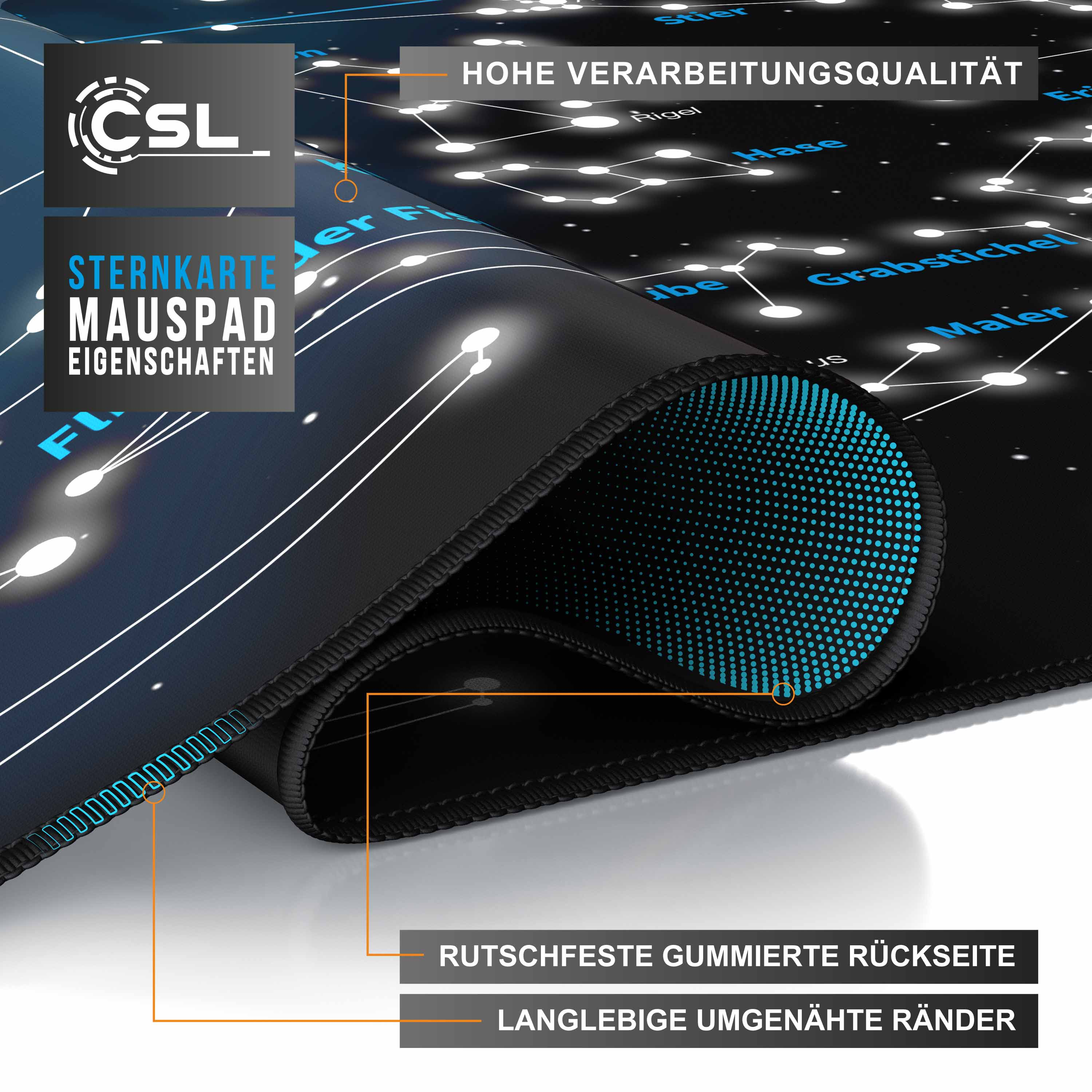 Nahaufnahme eines schwarzen Mauspads mit Sternbild-Design. Die Kanten sind genäht.