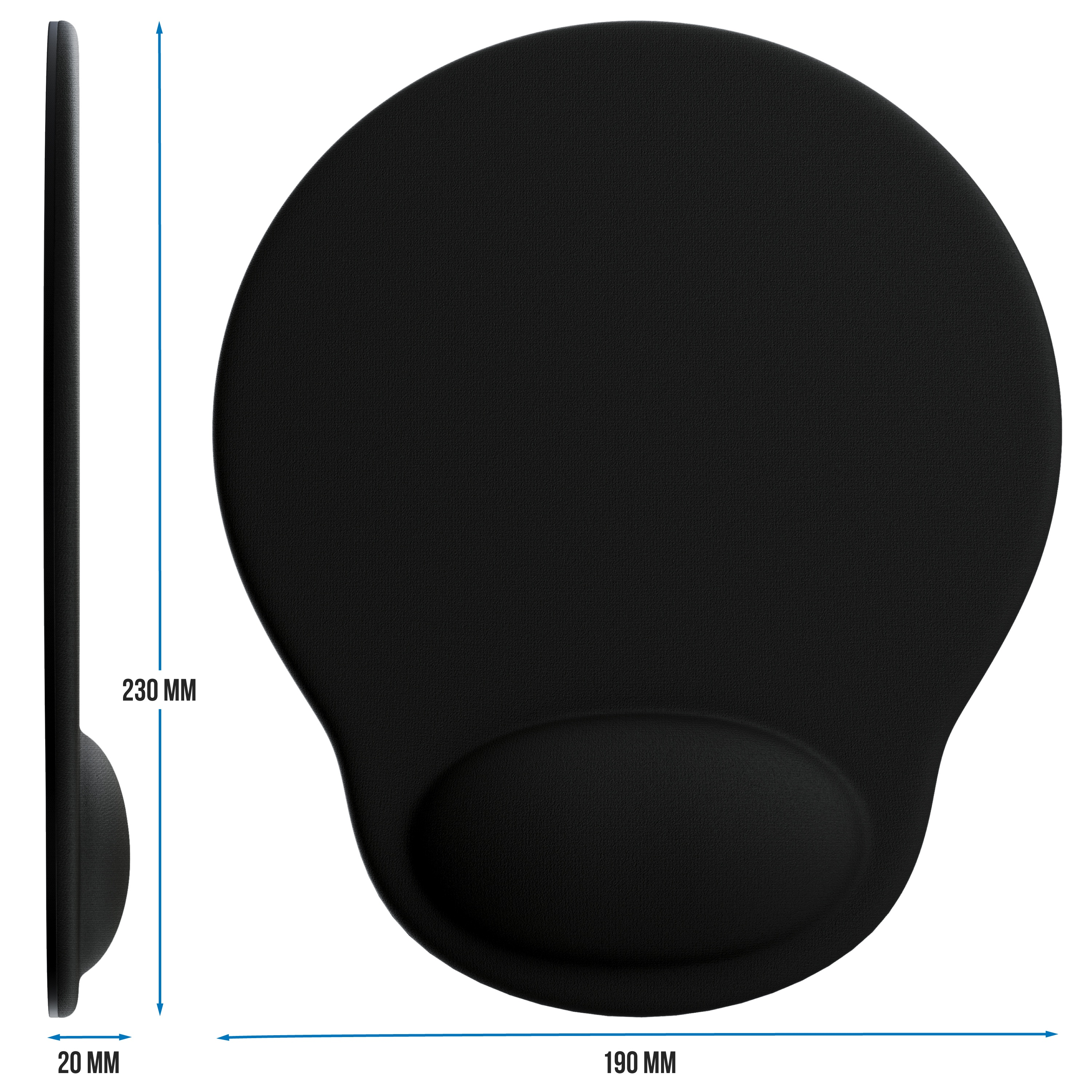 Schwarzes ergonomisches Mauspad mit Handgelenkauflage, Draufsicht und Seitenansicht, Abmessungen gezeigt.