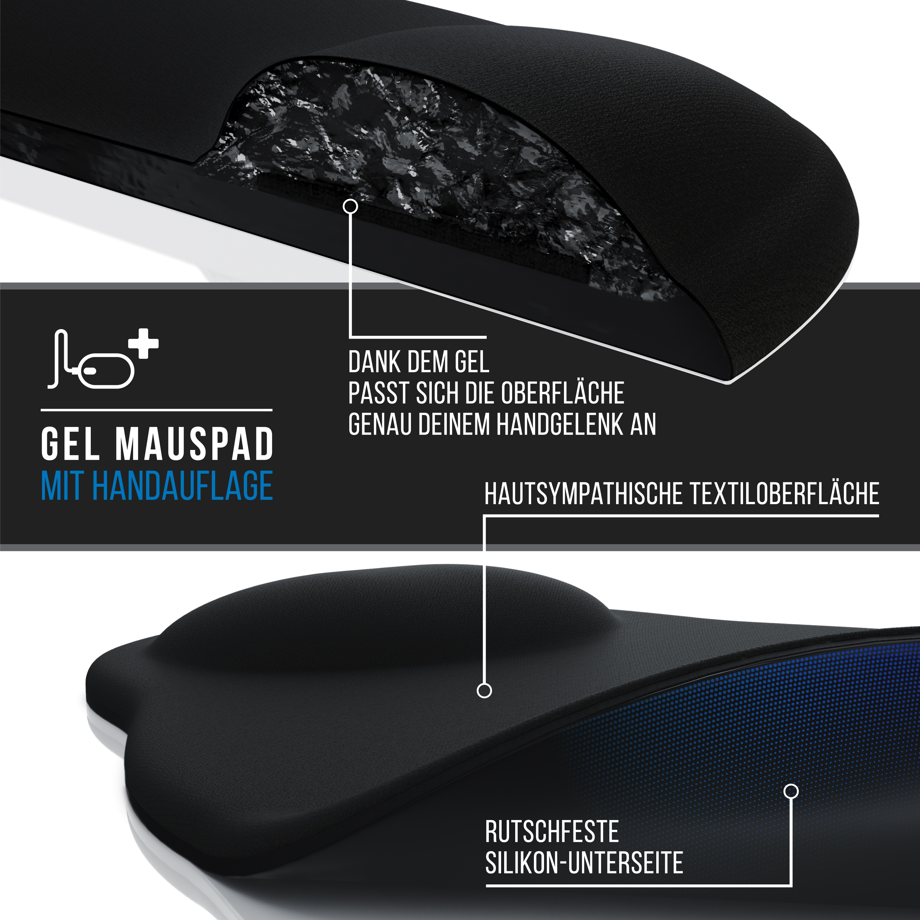 Schwarzes Gel-Mauspad mit Handgelenkauflage und Text zu seinen Funktionen.