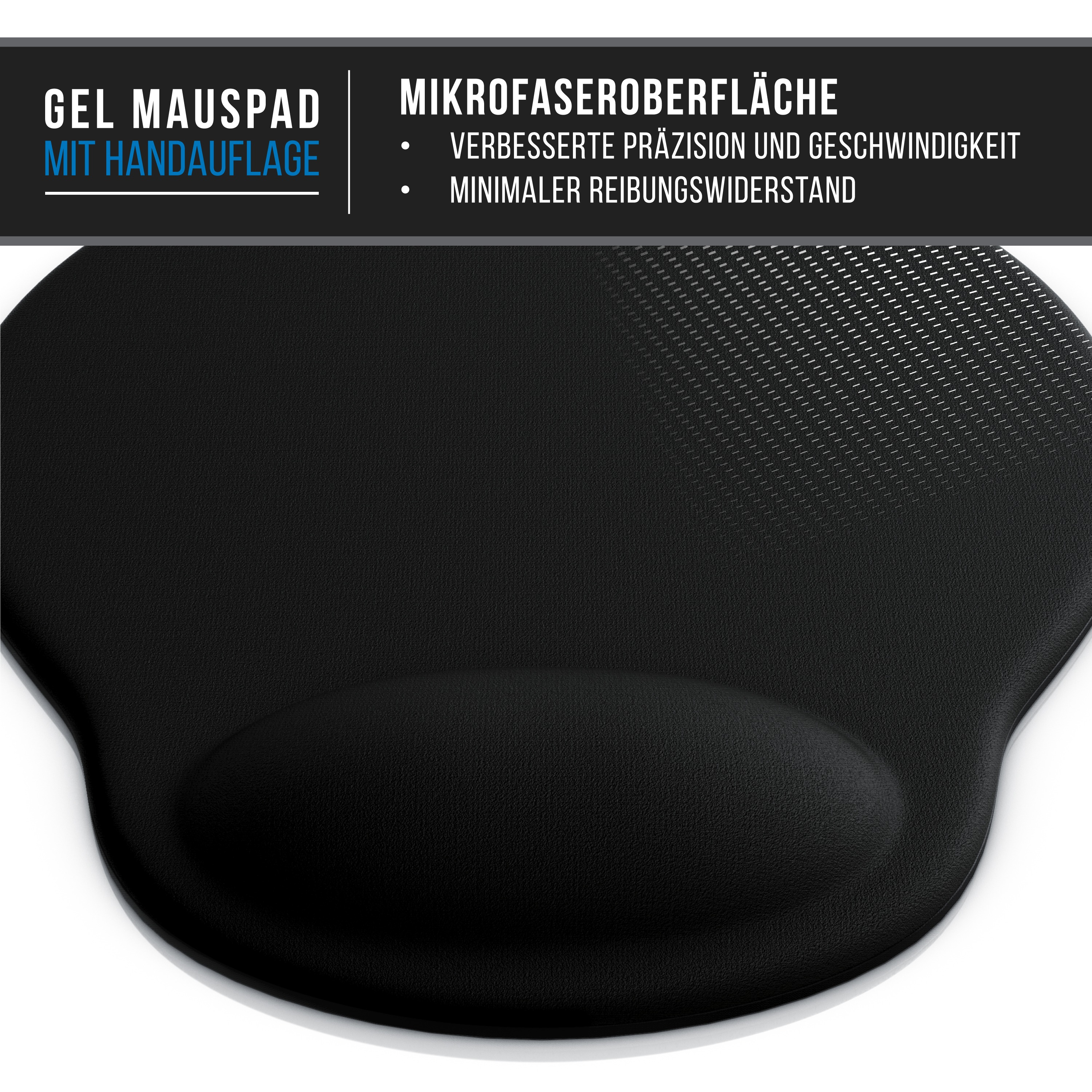 Ein schwarzes Gel-Mauspad mit Handballenauflage. Die Oberfläche ist strukturiert. Text enthält 'Mikrofaseroberfläche' und 'Gel-Mauspad'.