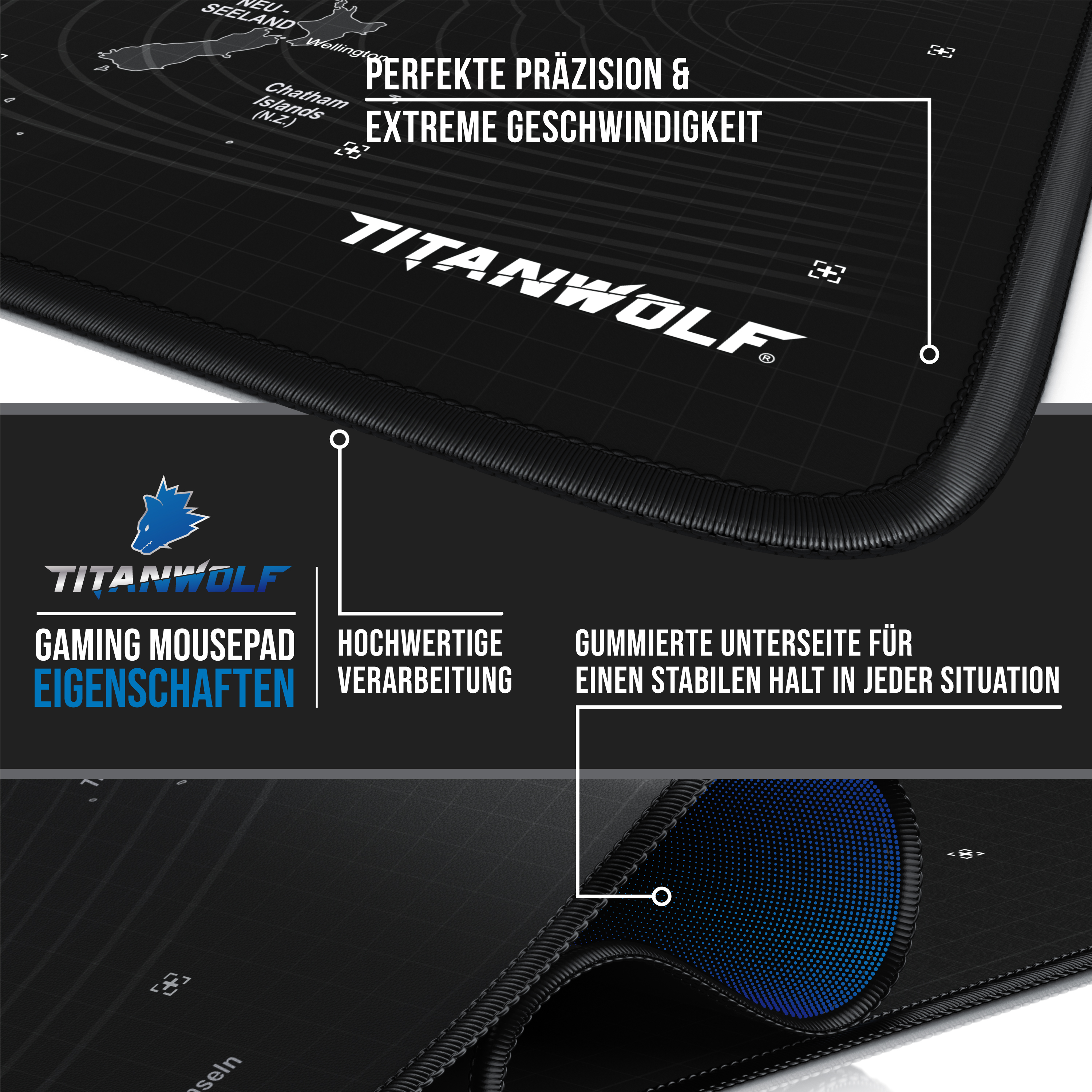Gaming-Mauspad mit Text und blauen Designdetails.