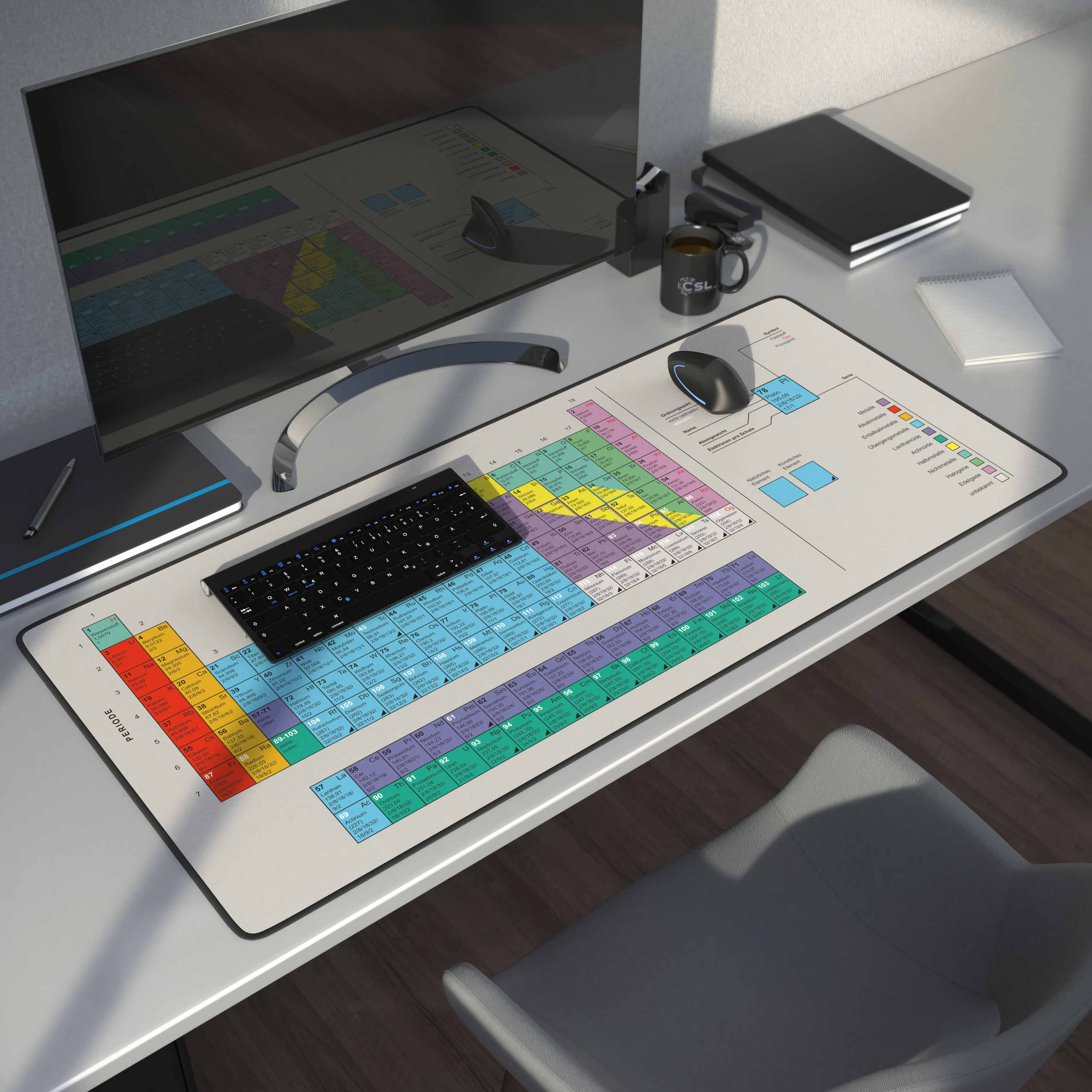 Schreibtisch mit Mauspad und Tastatur. Mauspad mit Periodensystem-Design.