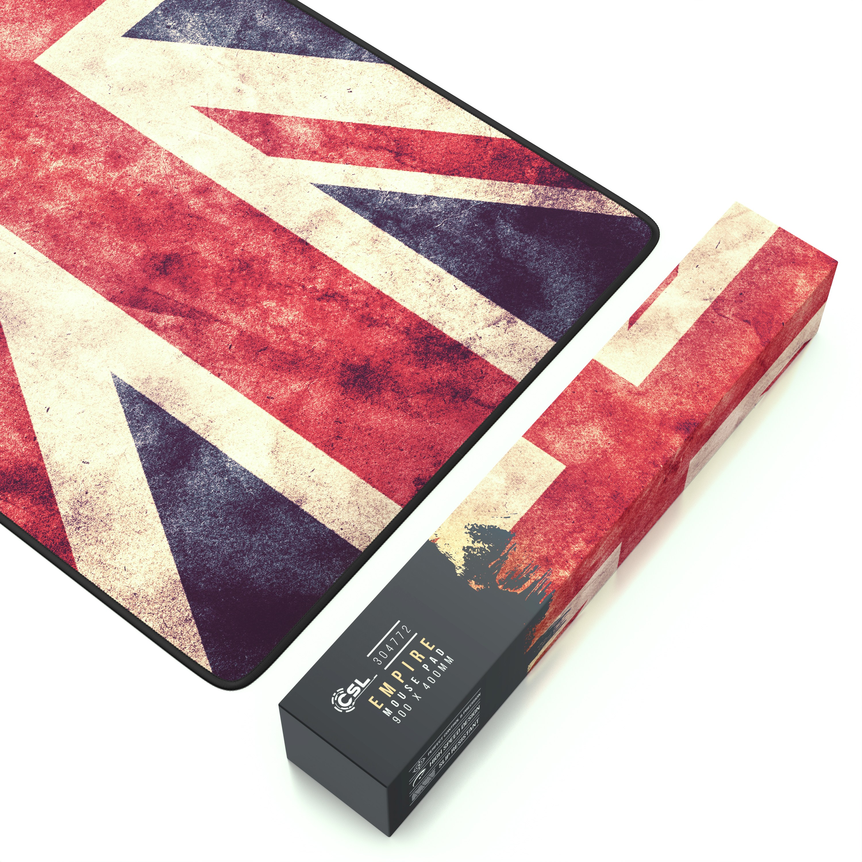 Mauspad und Schachtel mit UK-Flaggen-Design. Die Schachtel ist rechteckig.
