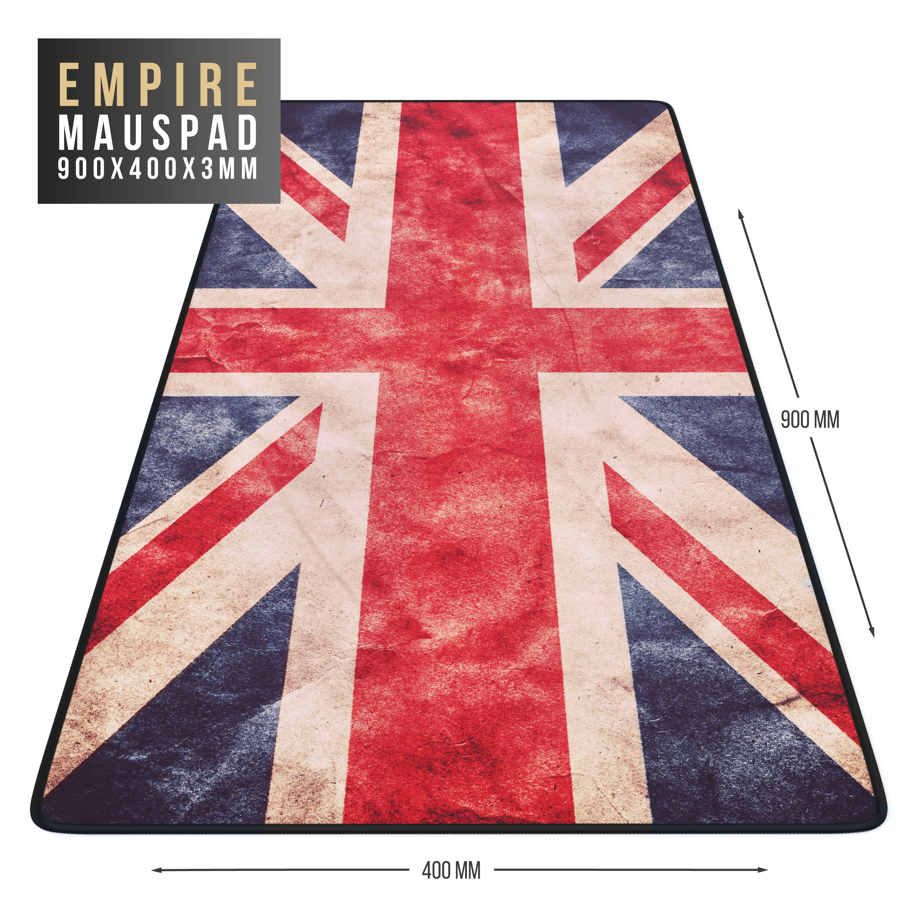 Gaming-Mauspad mit Union Jack-Design und markierten Abmessungen: 900x400x3mm.