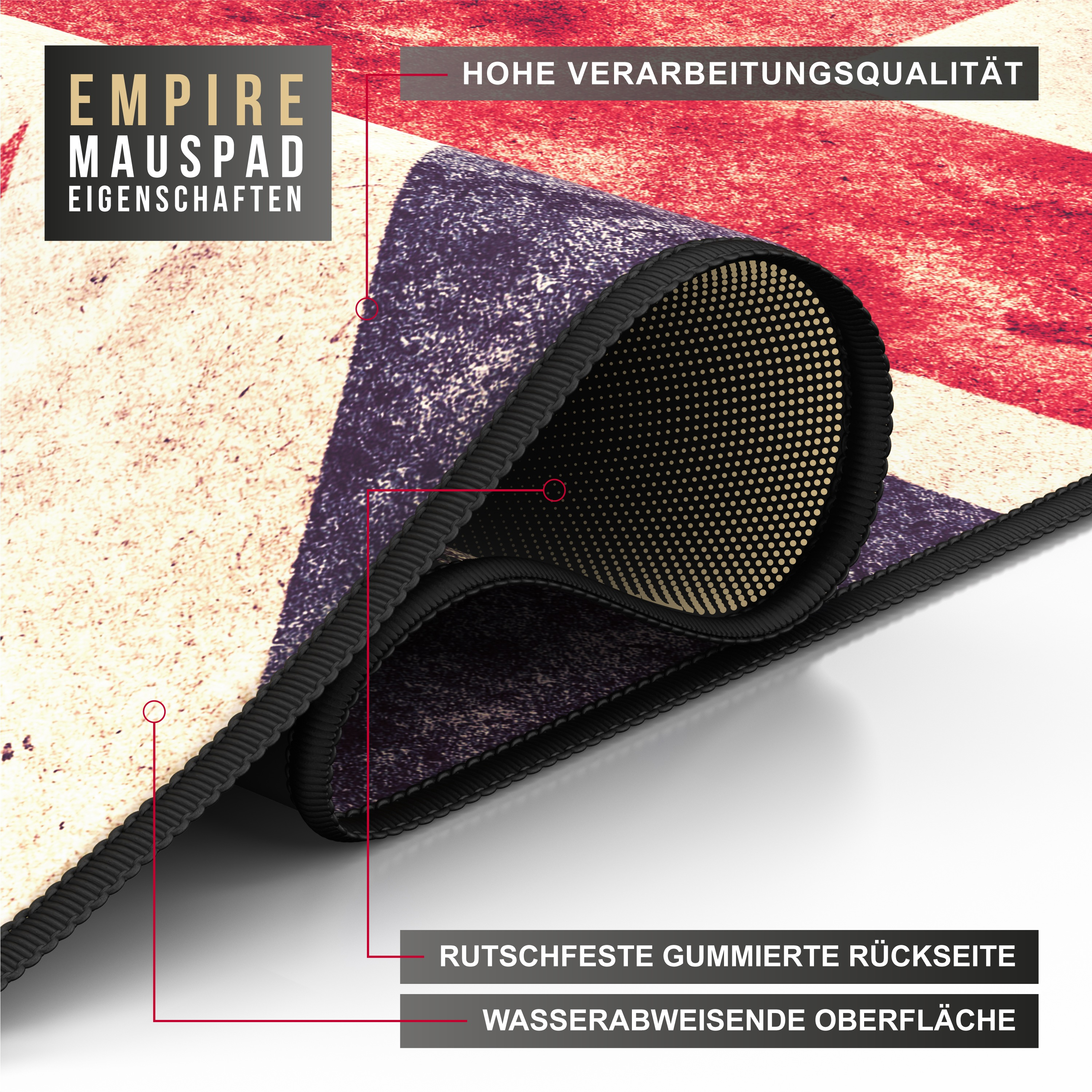 Nahaufnahme einer Mauspad-Ecke. Zeigt Textur mit Text, der Merkmale angibt.