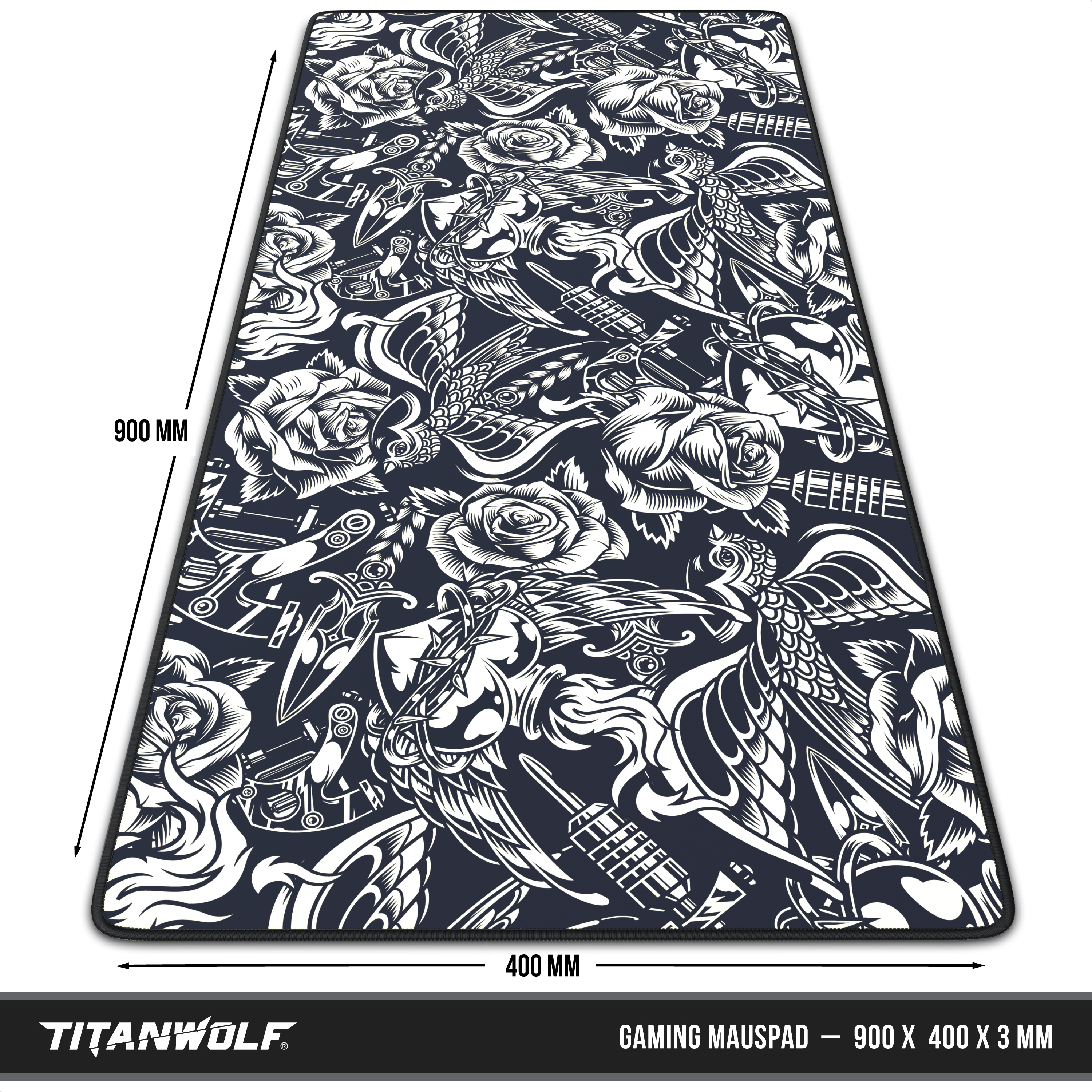 Ein schwarzes Gaming-Mauspad mit weißem Blumen- und Tattoo-Design. Abmessungen sind 900x400x3mm.