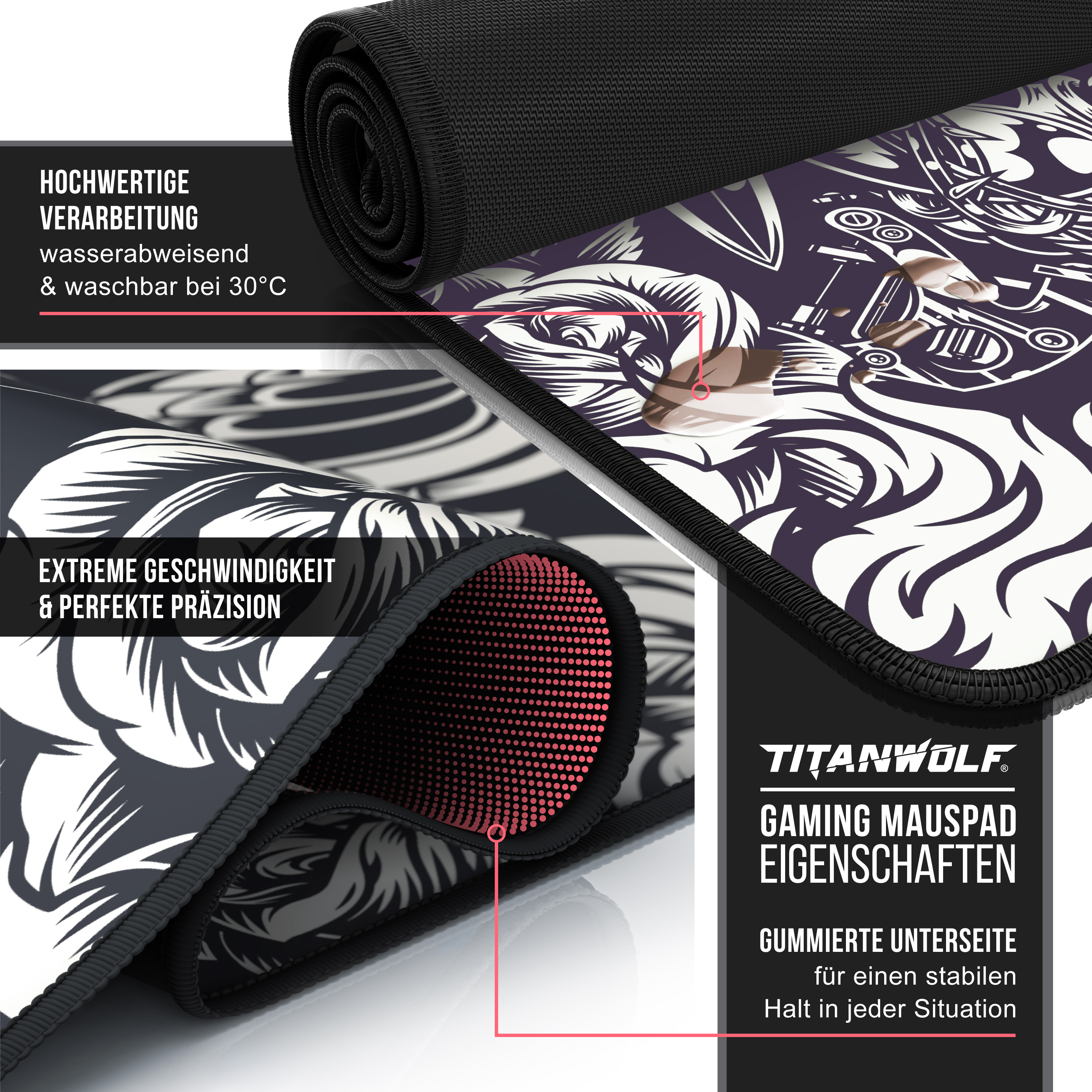 Nahaufnahme eines Mauspads mit schwarzem Rand. Die Oberfläche zeigt ein weißes und lila Design.