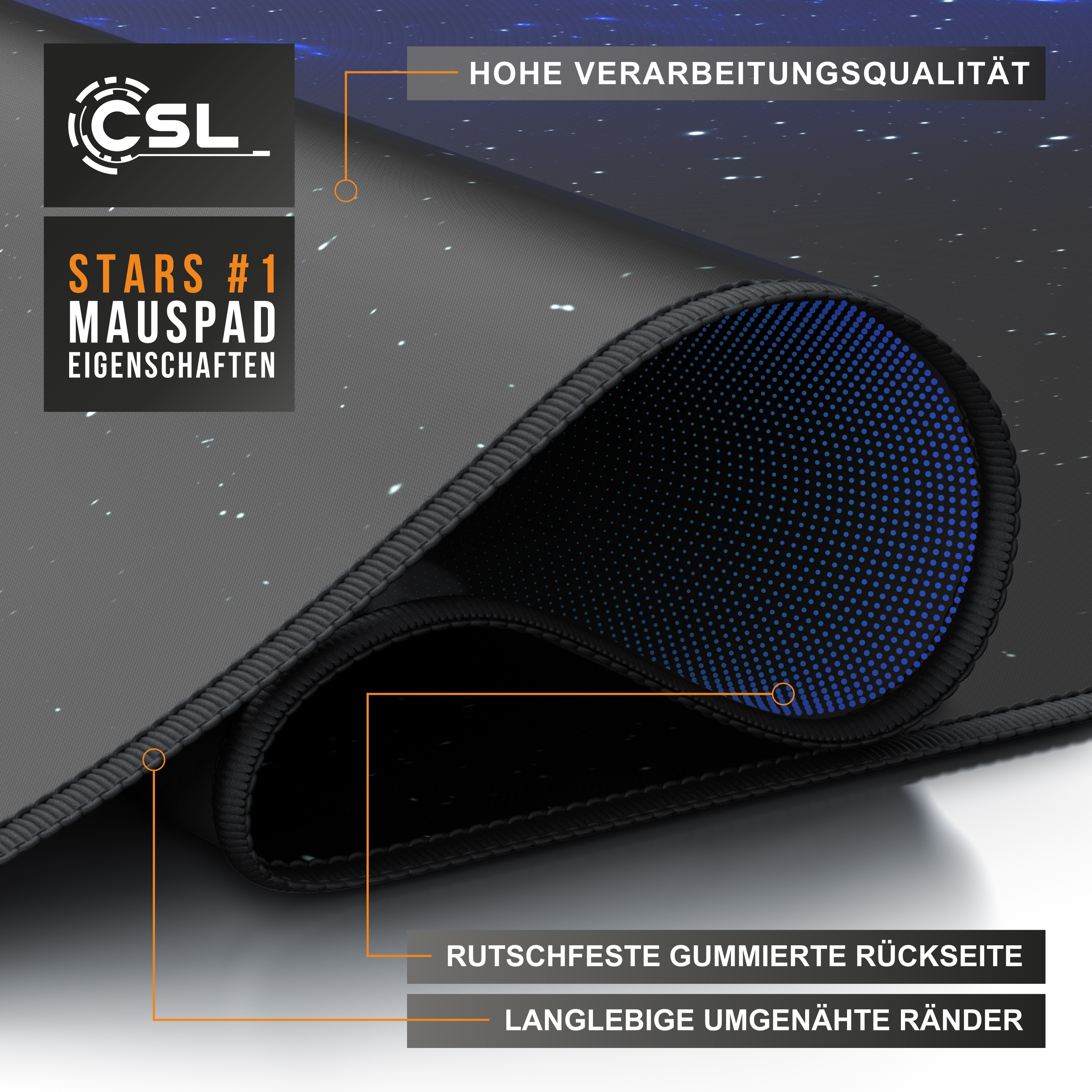 Gaming-Mauspad mit Sterndesign, strukturierter Unterseite und Textbeschriftungen auf Deutsch.