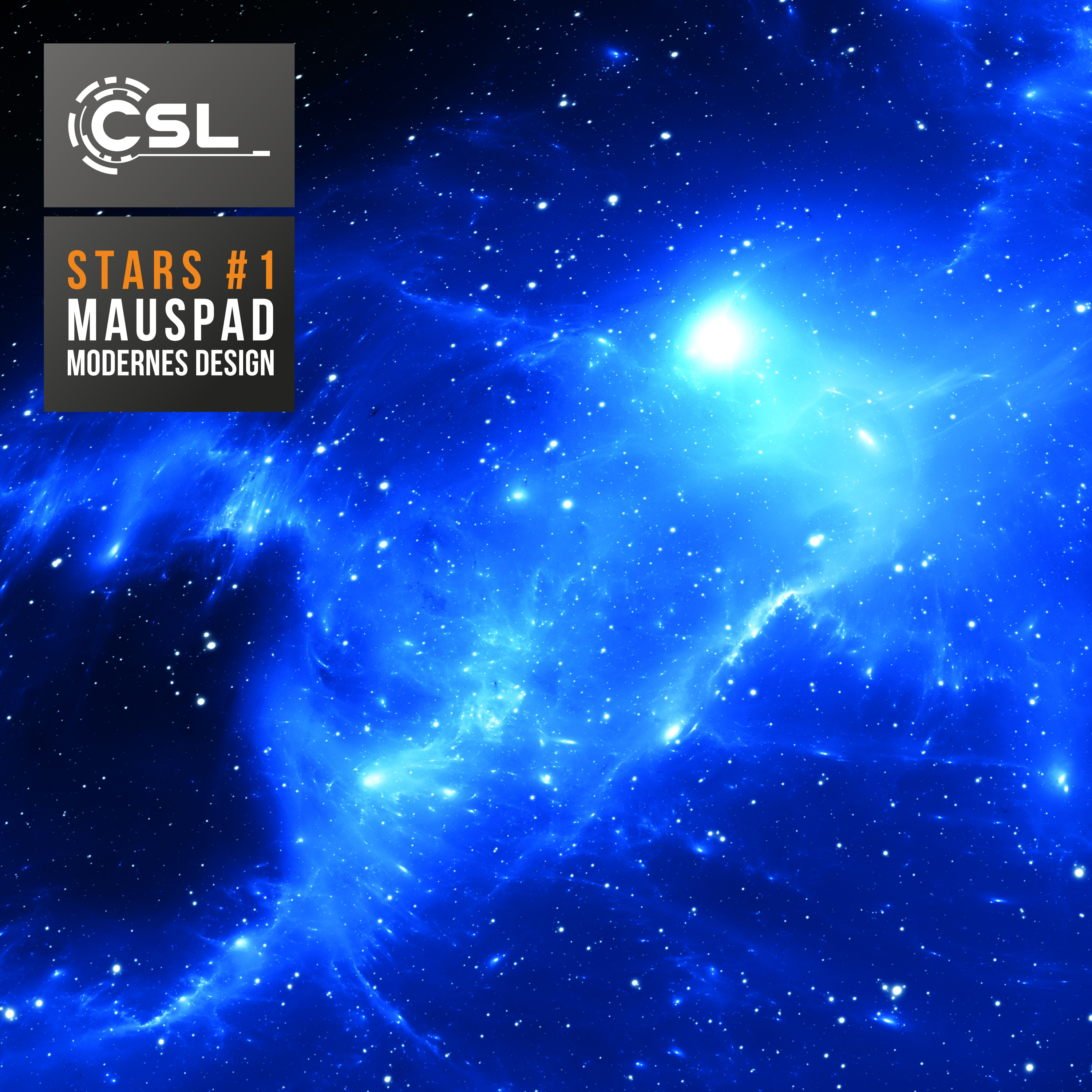 Blaues und weißes Weltraum-Design-Mauspad mit Sternen und Nebel, CSL-Logo. Modernes Design.