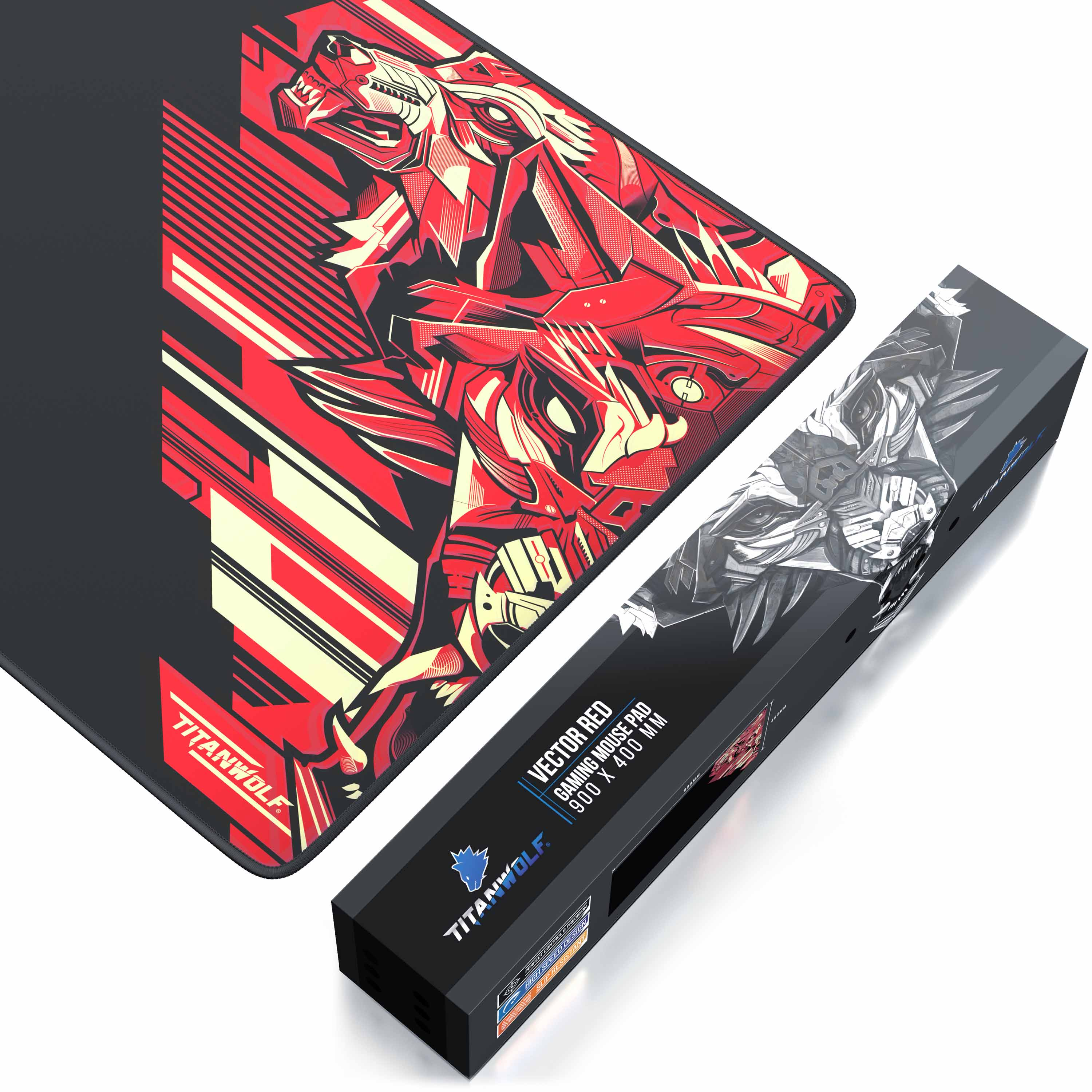 Rotes und schwarzes Gaming-Mauspad mit Bärenmotiv und einer Box.