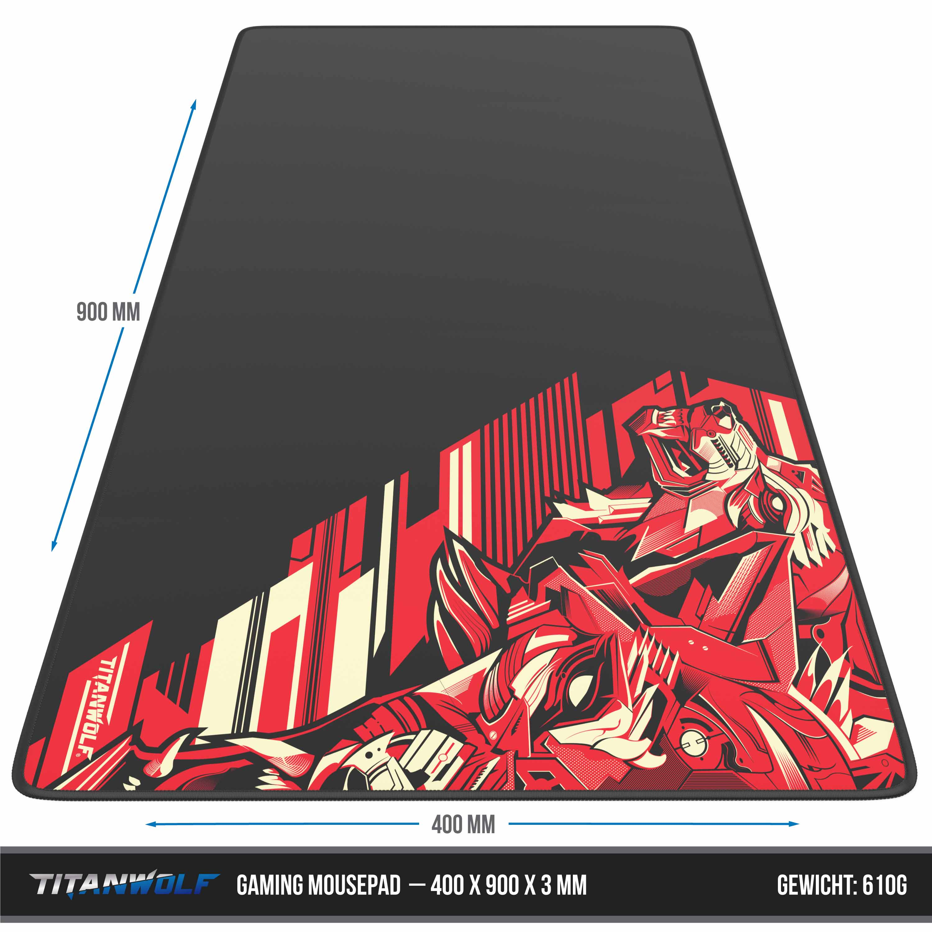 Schwarzes und rotes Gaming-Mauspad mit Grafik eines roten Roboters. Maße 400 x 900 x 3 mm.