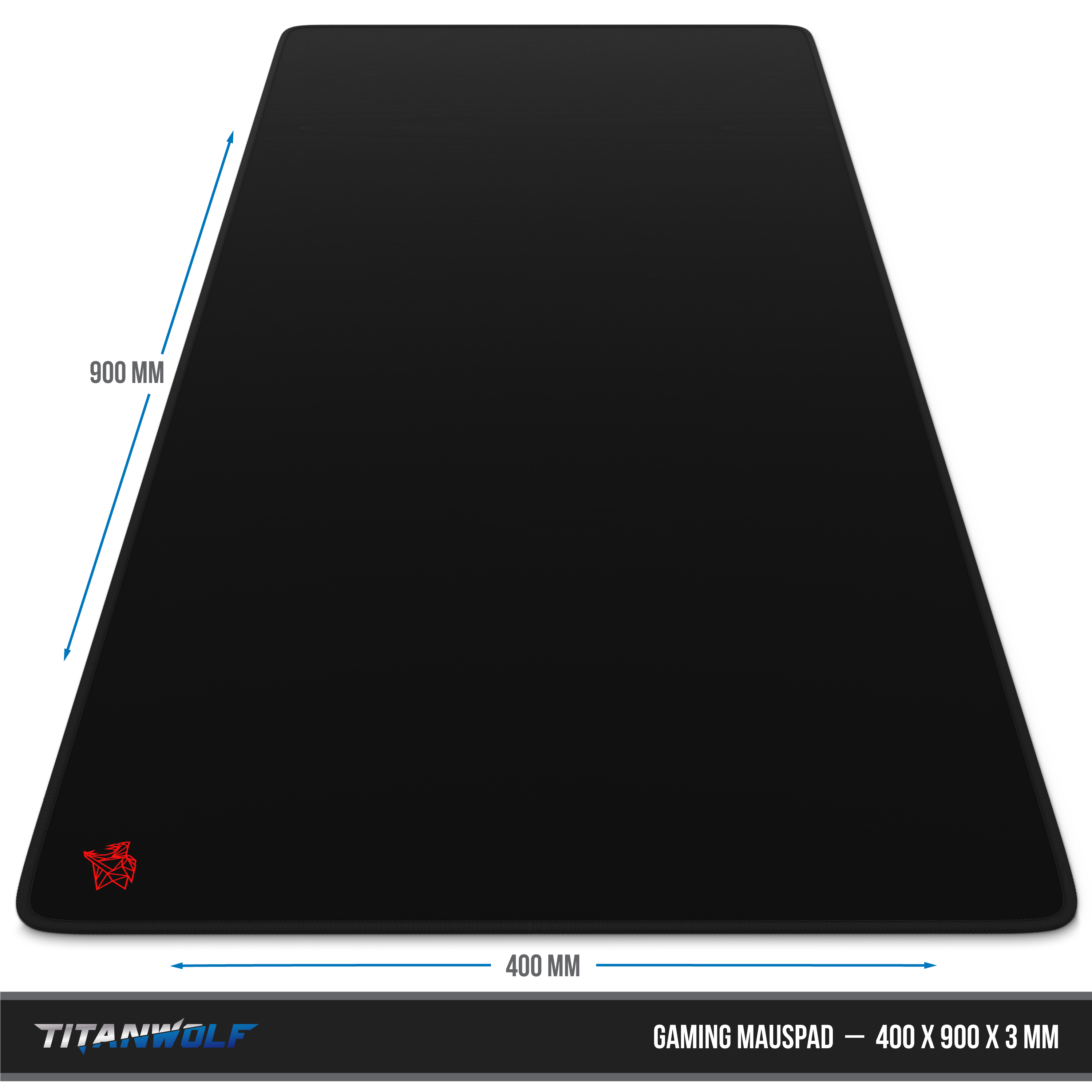 Schwarzes Mousepad mit rotem Logo und den Maßen 400 x 900 x 3 mm, mit weißem Hintergrund.