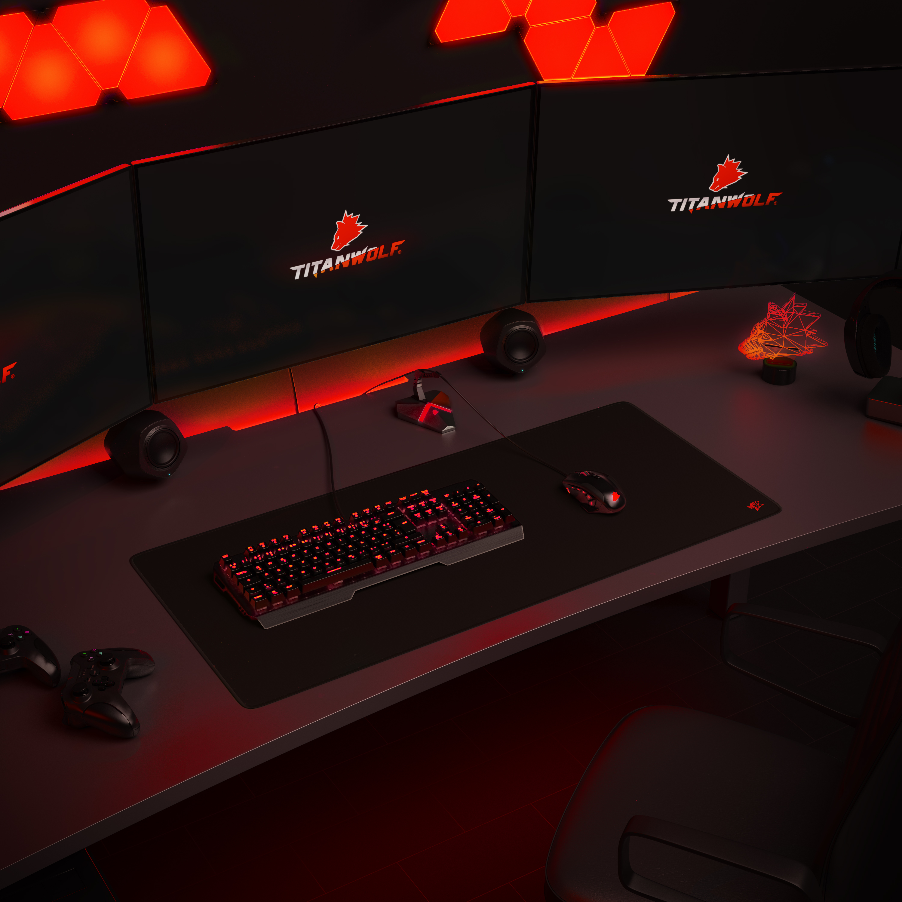 Gaming-Setup mit roter Beleuchtung, Tastatur, Maus und mehreren Monitoren. Ein Gaming-Stuhl ist zu sehen.