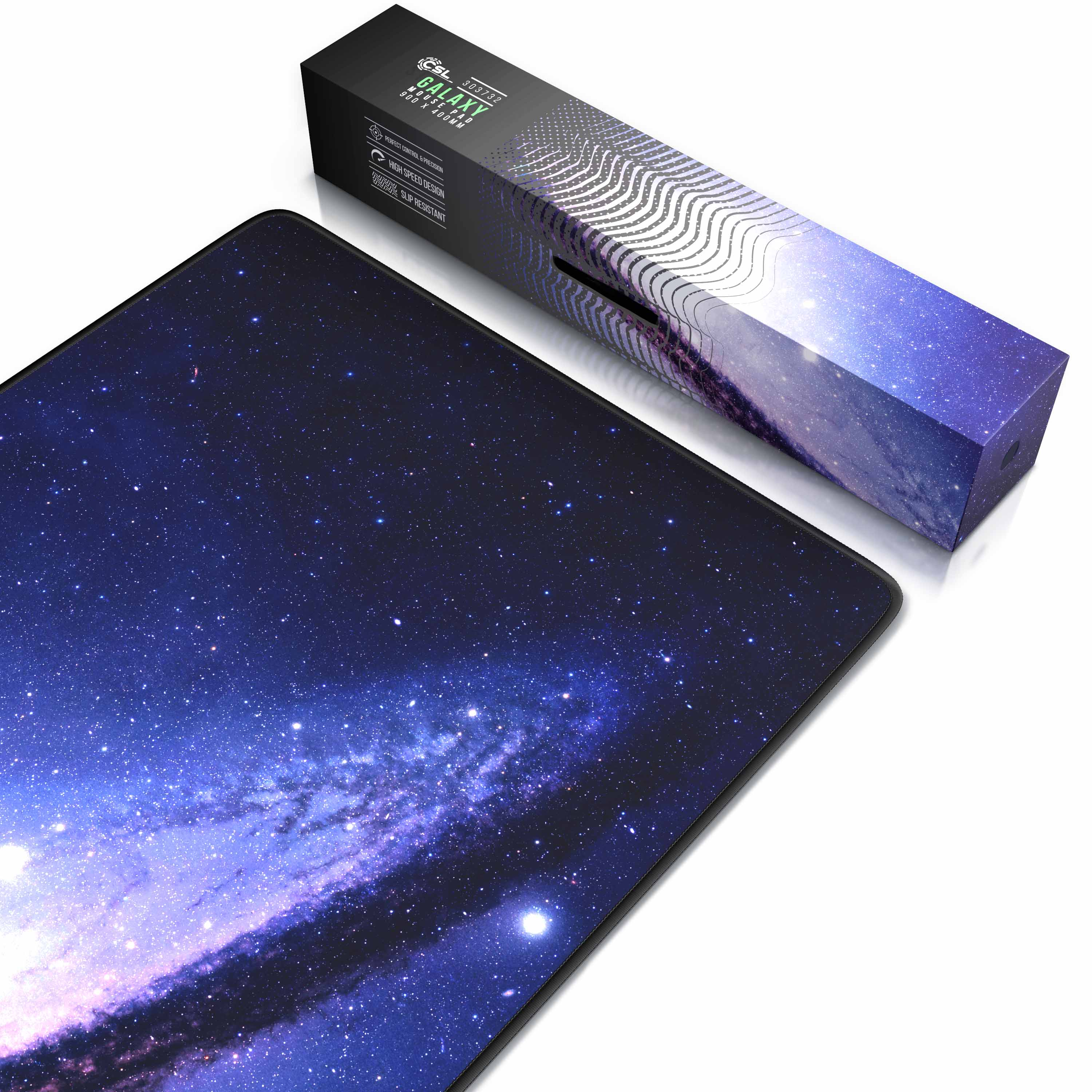 Mauspad mit Galaxie-Design mit Box rechts. Lila und blaue Farben.