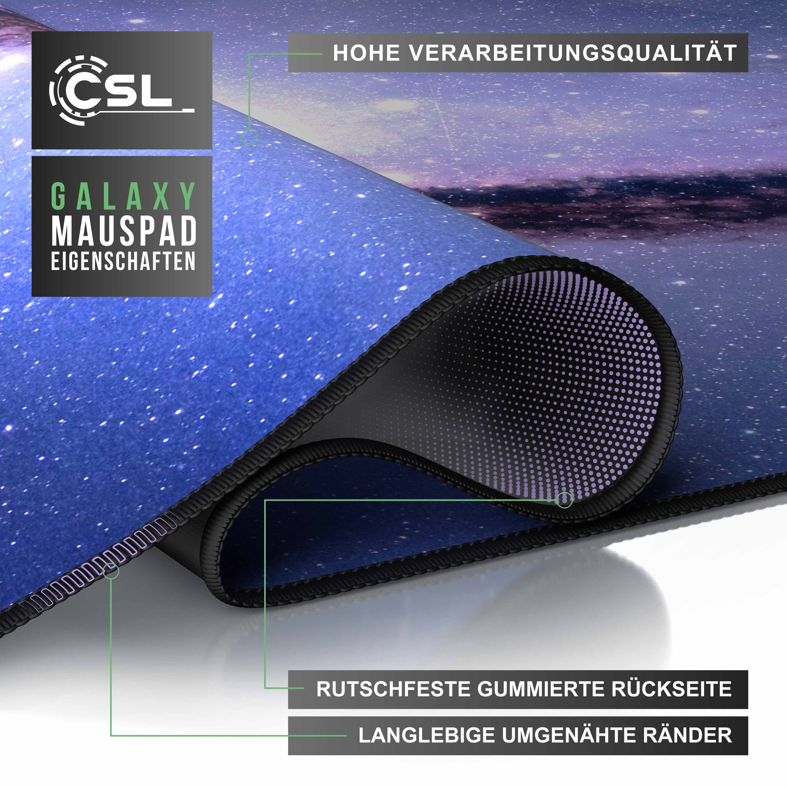Mauspad mit Galaxiedesign, detailliert mit Text und Eigenschaften wie rutschfester Gummiunterseite.