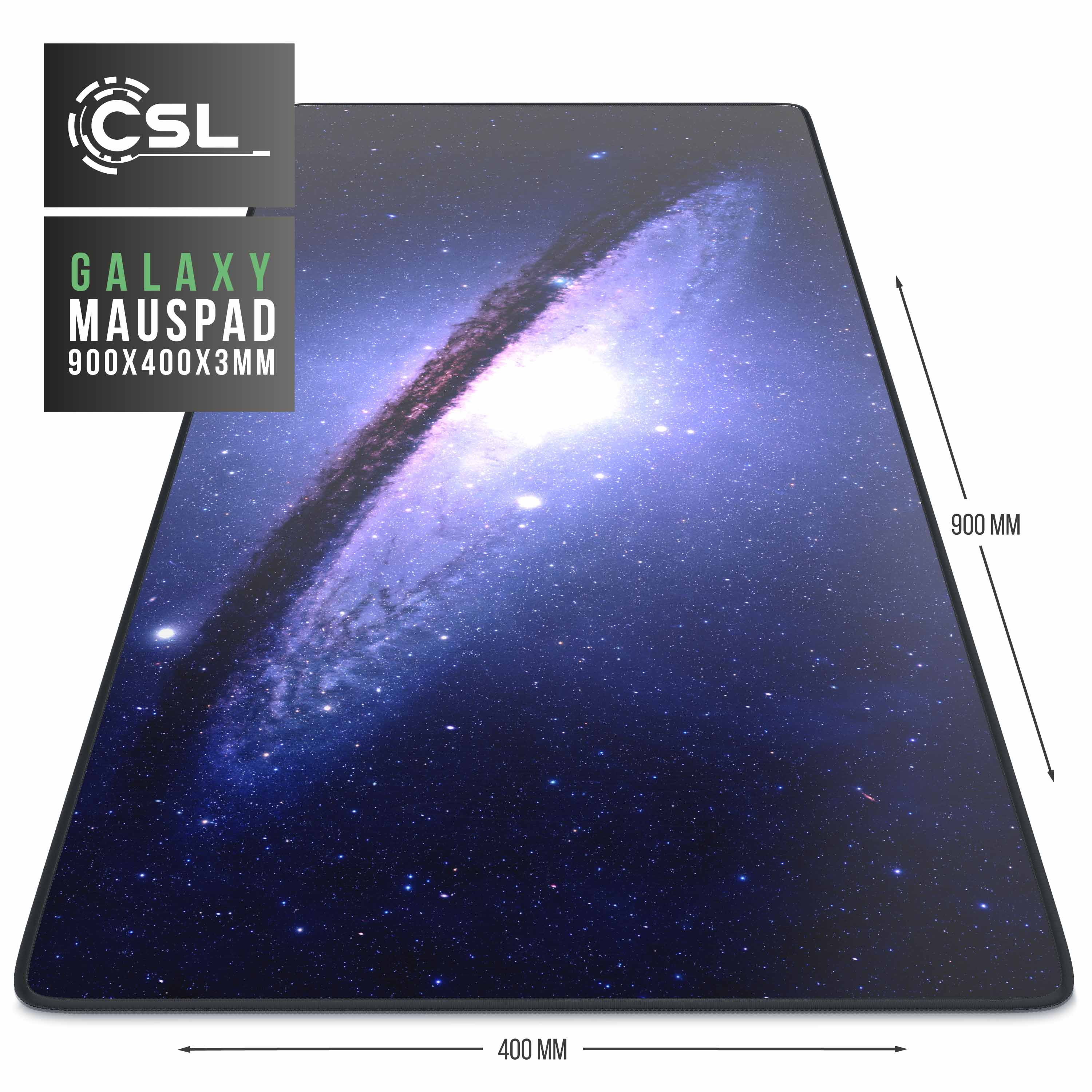 Galaxy Mauspad mit Abmessungen: 900x400x3 mm. CSL-Logo sichtbar.