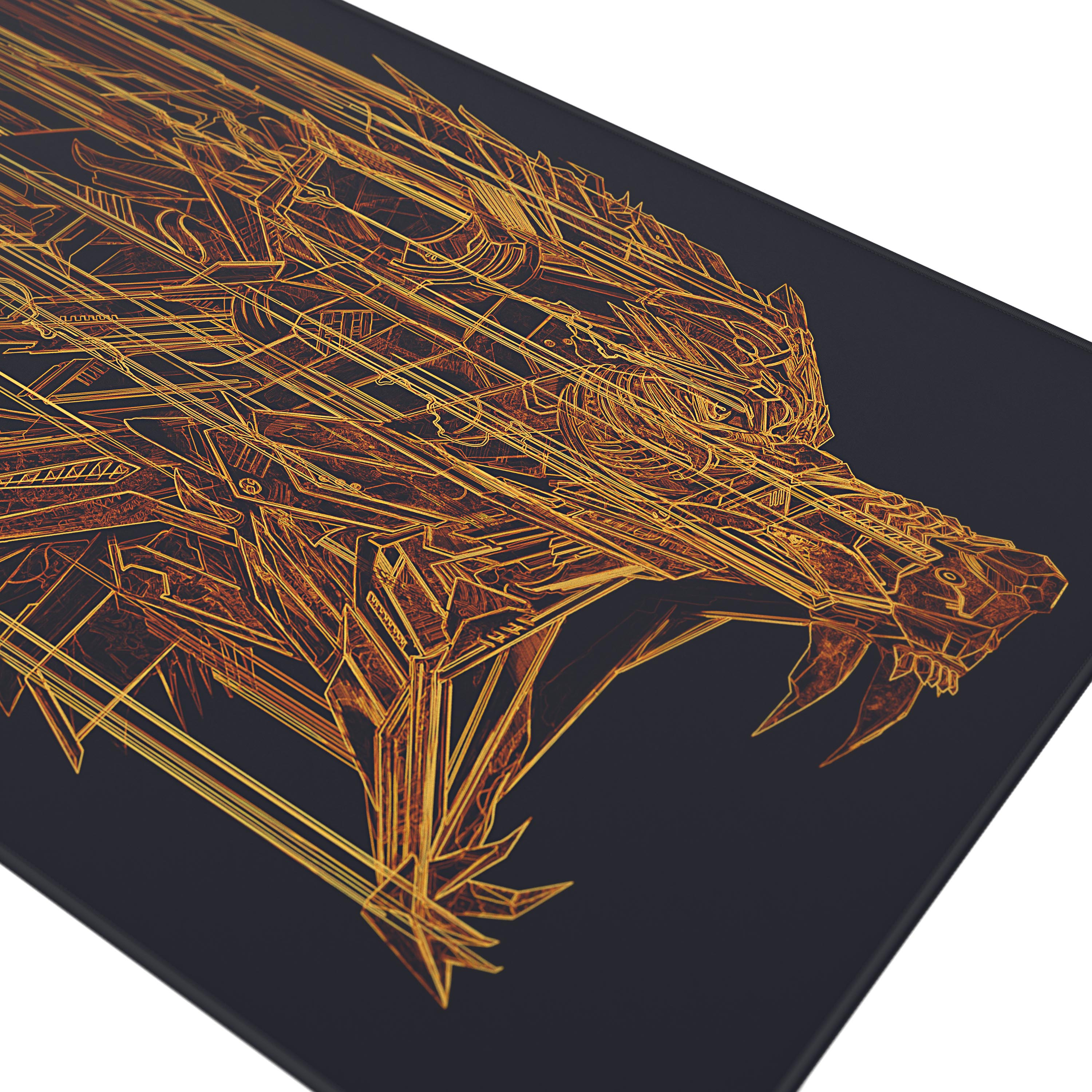 Gaming-Mauspad mit goldenem, geometrischem Wolfsdesign auf dunklem Hintergrund. Scharfe Linien und Details.