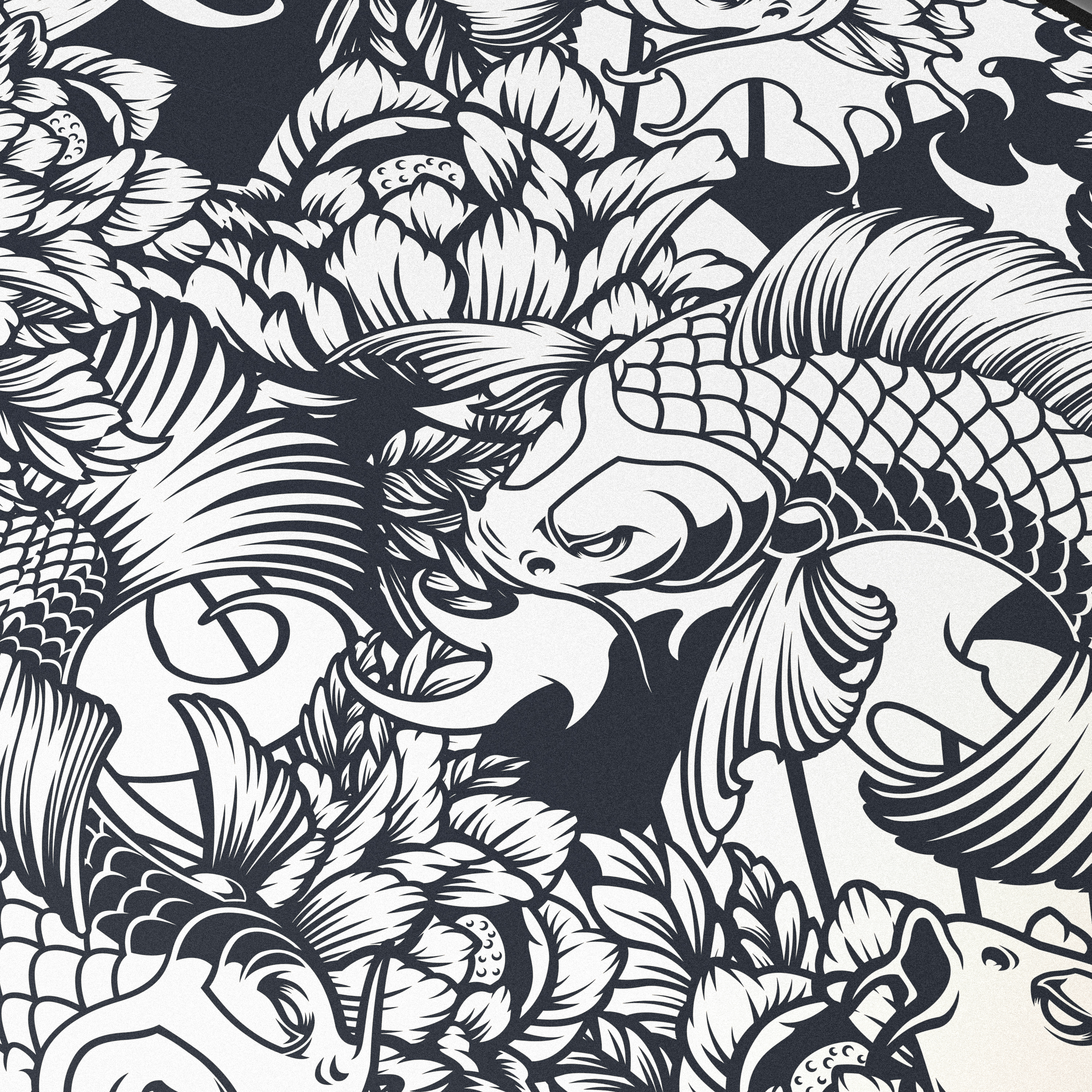 Schwarz-weißes Blumenmuster mit Koi-Fischen und Blättern. Kontrastreiches Design.