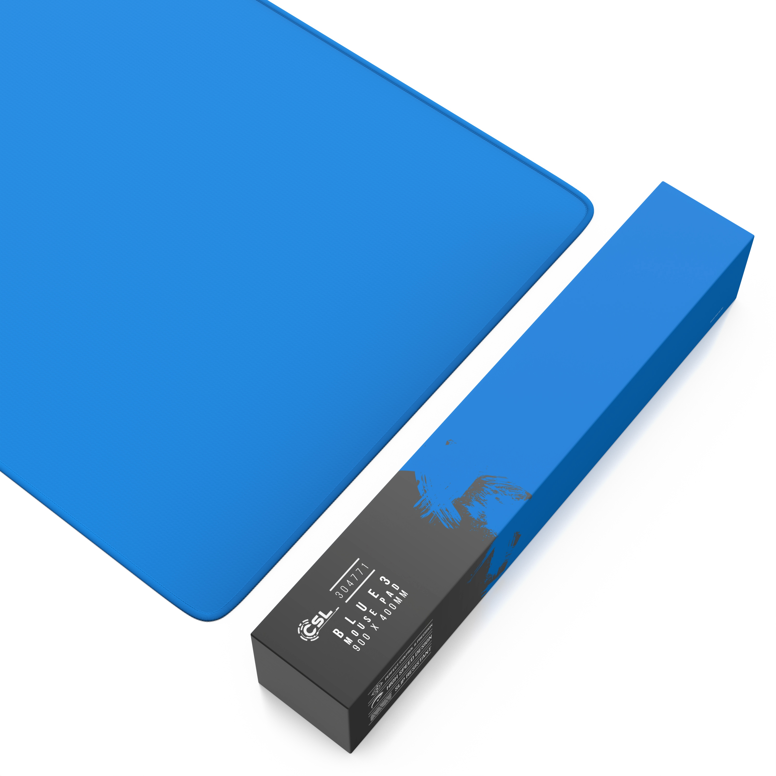 Ein blaues Mauspad und seine blaue Box.
